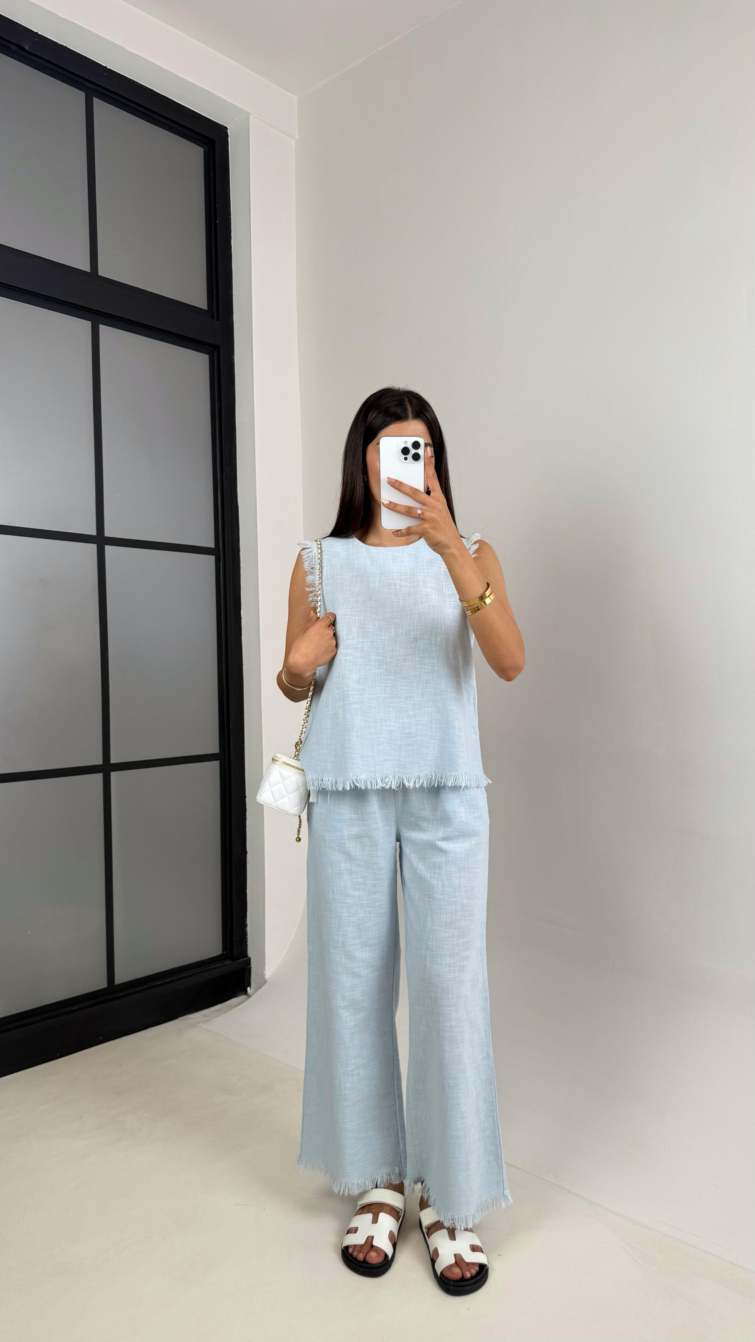 Açık Mavi Püskül Detaylı Bluz Beli Lastikli Cepli Pantolon Keten Takım Gaus00646 GausTAKIMGU1002500