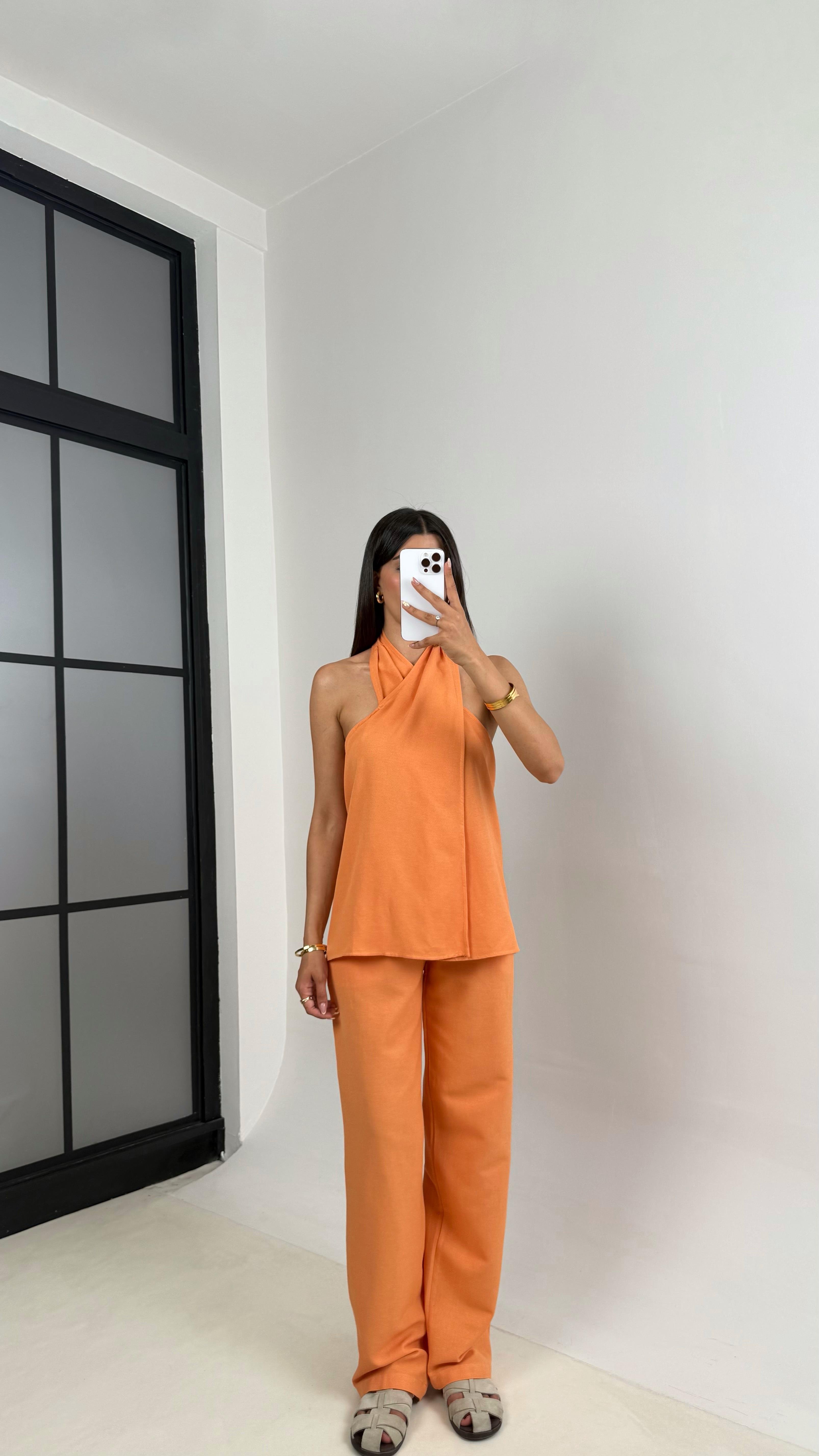 Somon Boyundan Bağlamalı Bluz Cepli Pantolon Tasarım Keten Takım Gaus00667GausTAKIMGU1002539