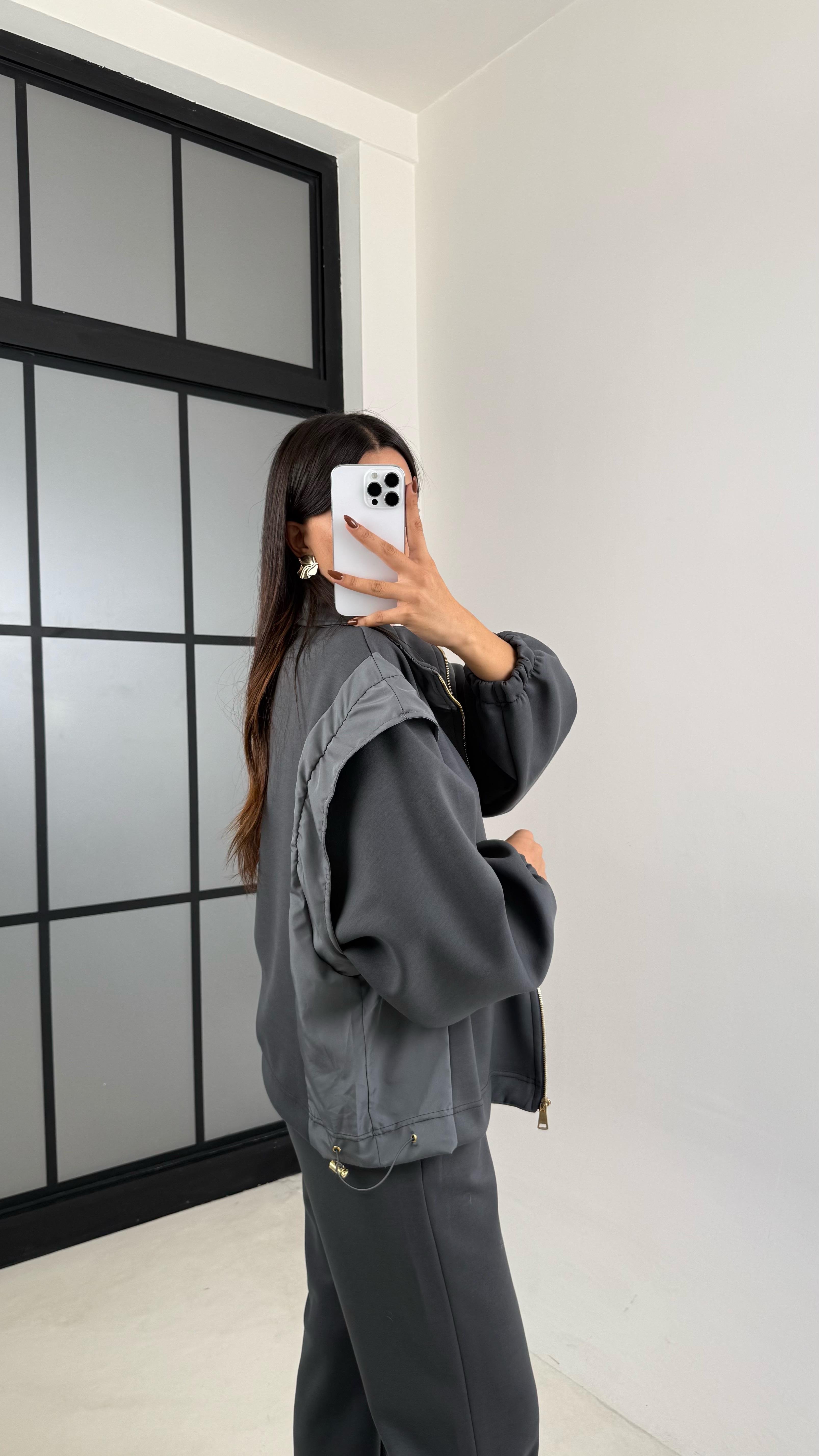 Antrasit Paraşüt Kumaş Detaylı Hırka Pantolon İkili Modal Kumaş Takım GAUS-00209GAUSTAKIMGAUS-00209