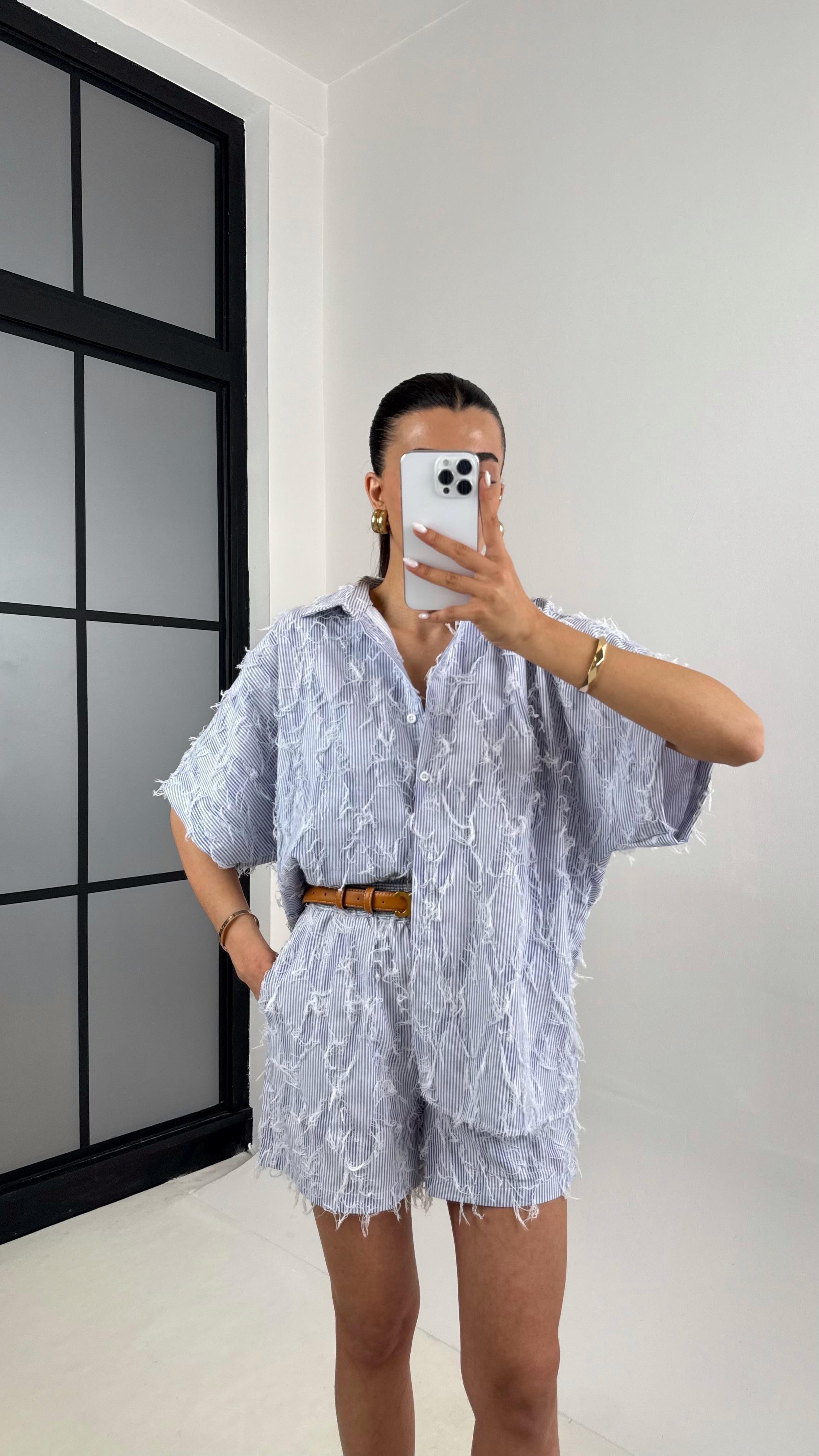 Mavi Beyaz Çizgili Gömlek Beli Lastikli Şort Püskül Detaylı Takım Gaus00422GausTAKIMGU1001987