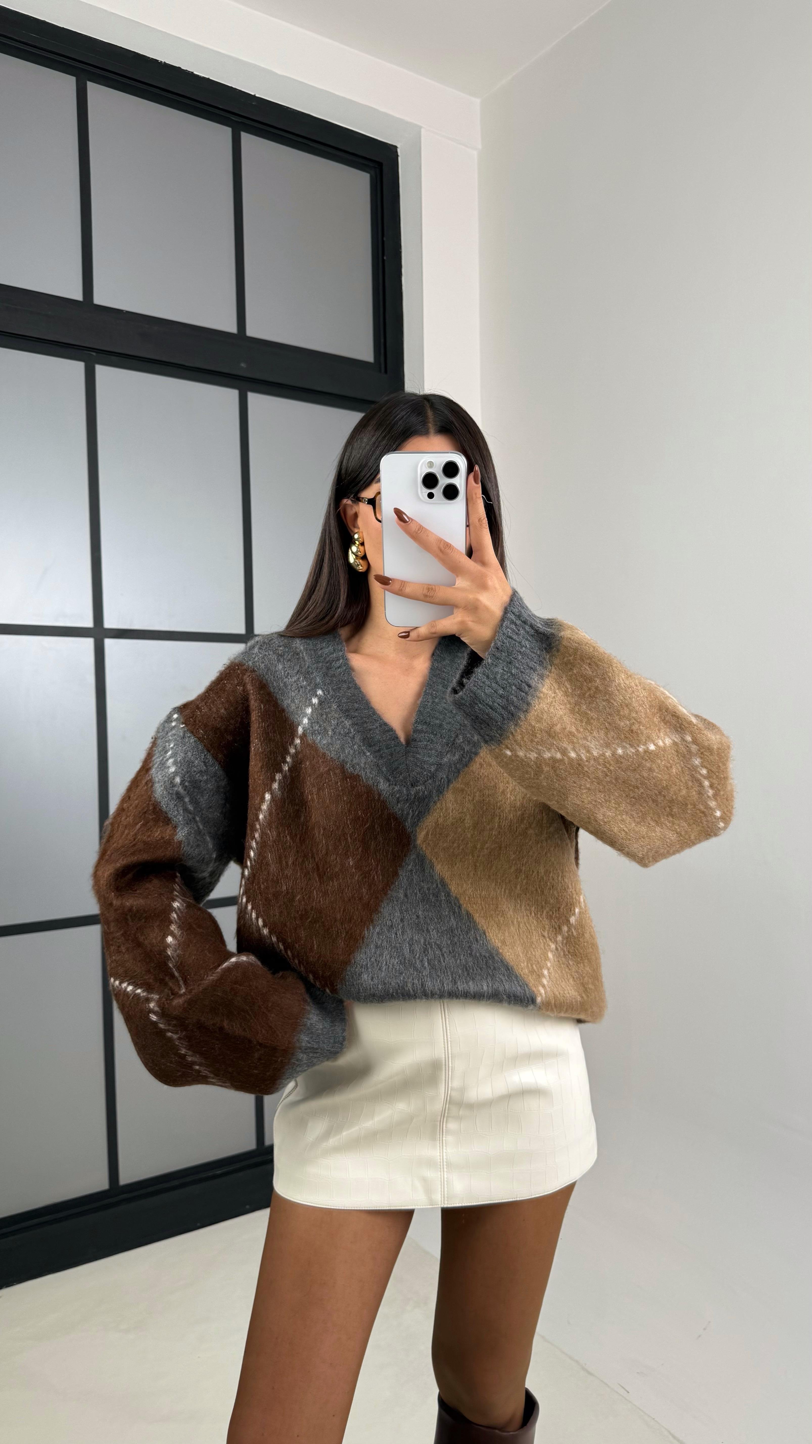 Gri Baklava Desenli Kazak GAUS-00201GAUS الكنزات GAUS-00201