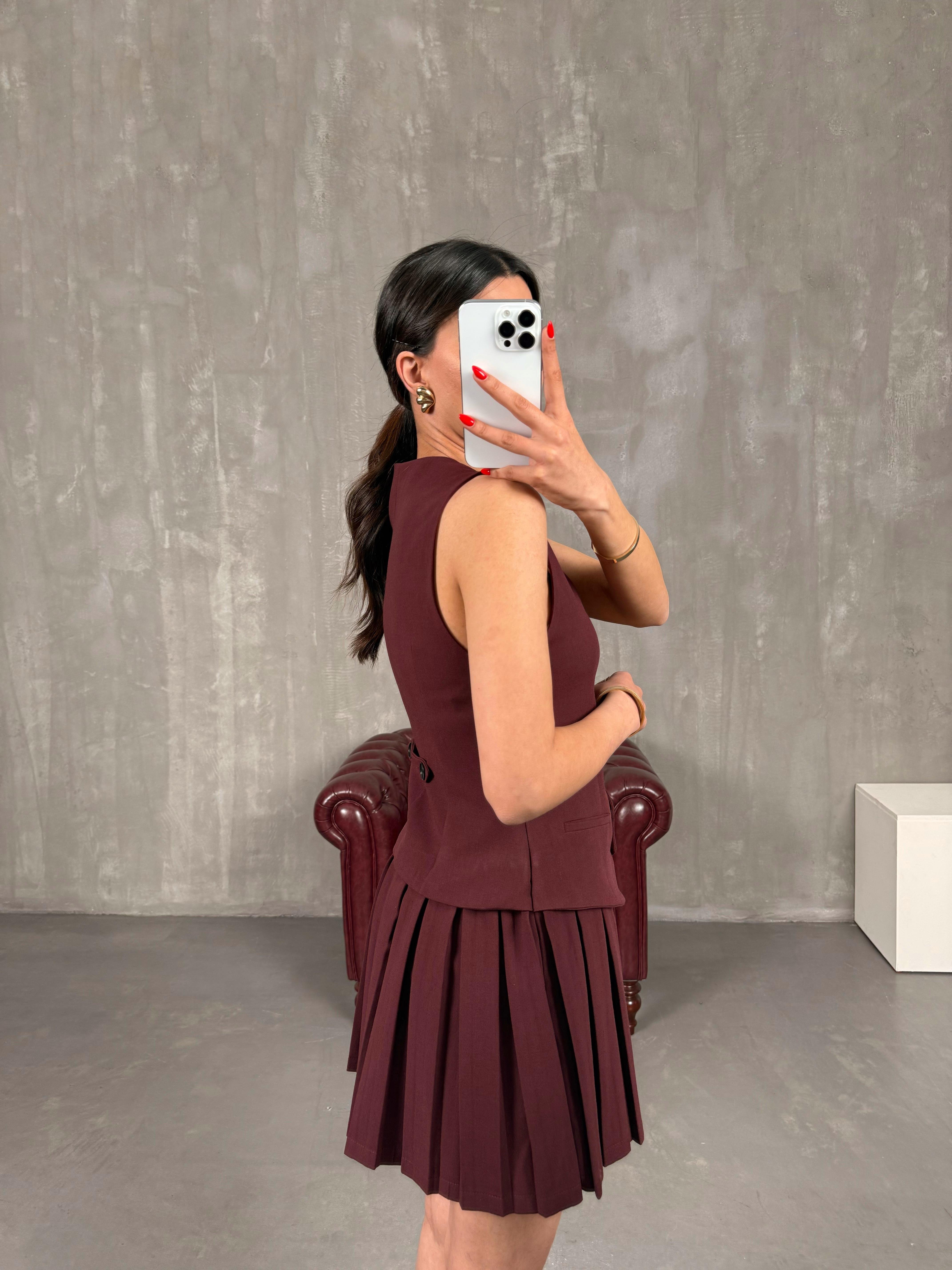 Bordo Yelekli Pileli Muadil Elbise Gaus00166GausELBİSEGU1001385