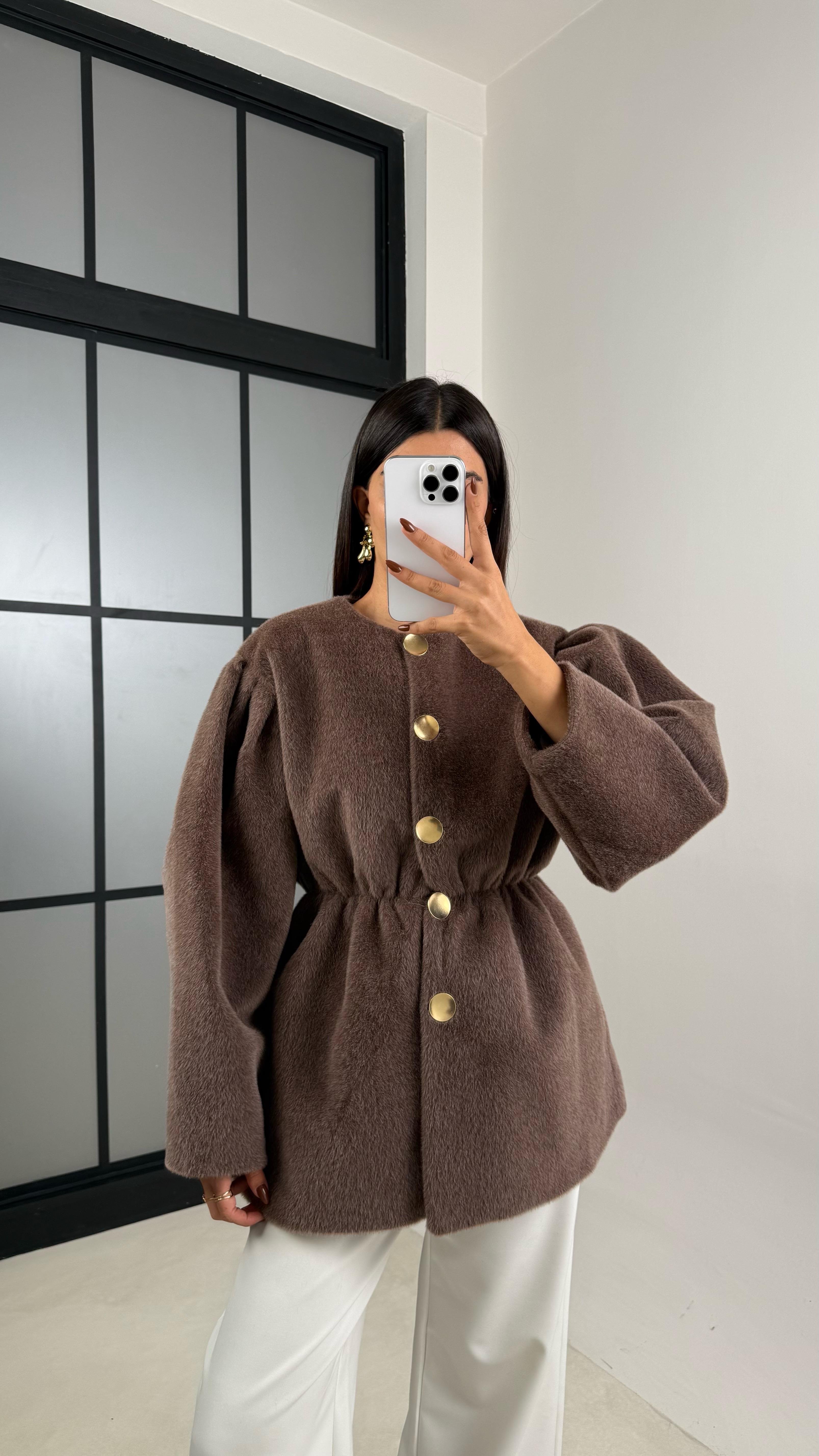 Kahve Beli Lastikli Düğmeli Peluş Ceket GAUS-00182GAUS السترات  GAUS-00182