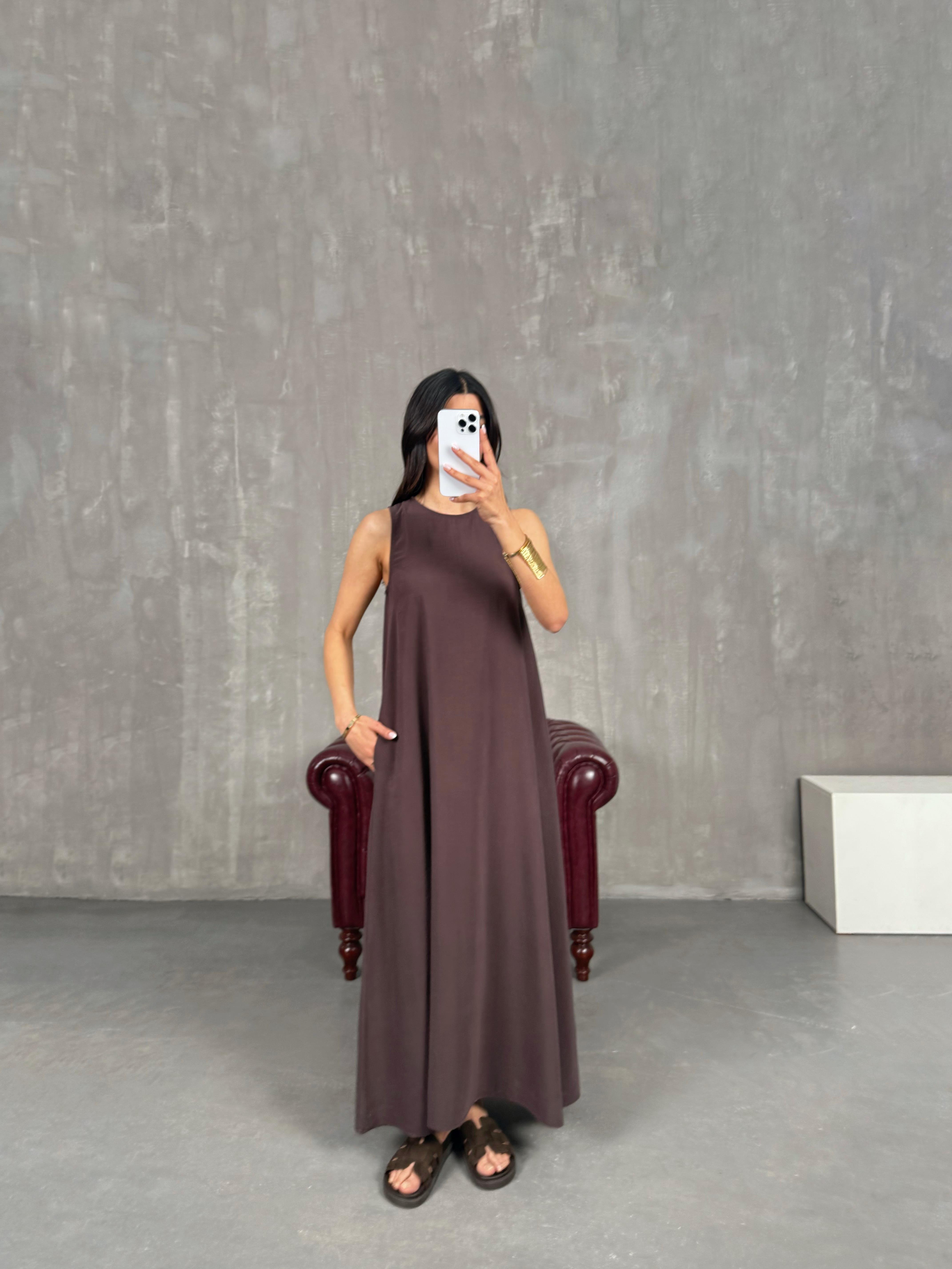 Kahve Cepli Tensel Kumaş Elbise Gaus00263GausELBİSEGU1001607