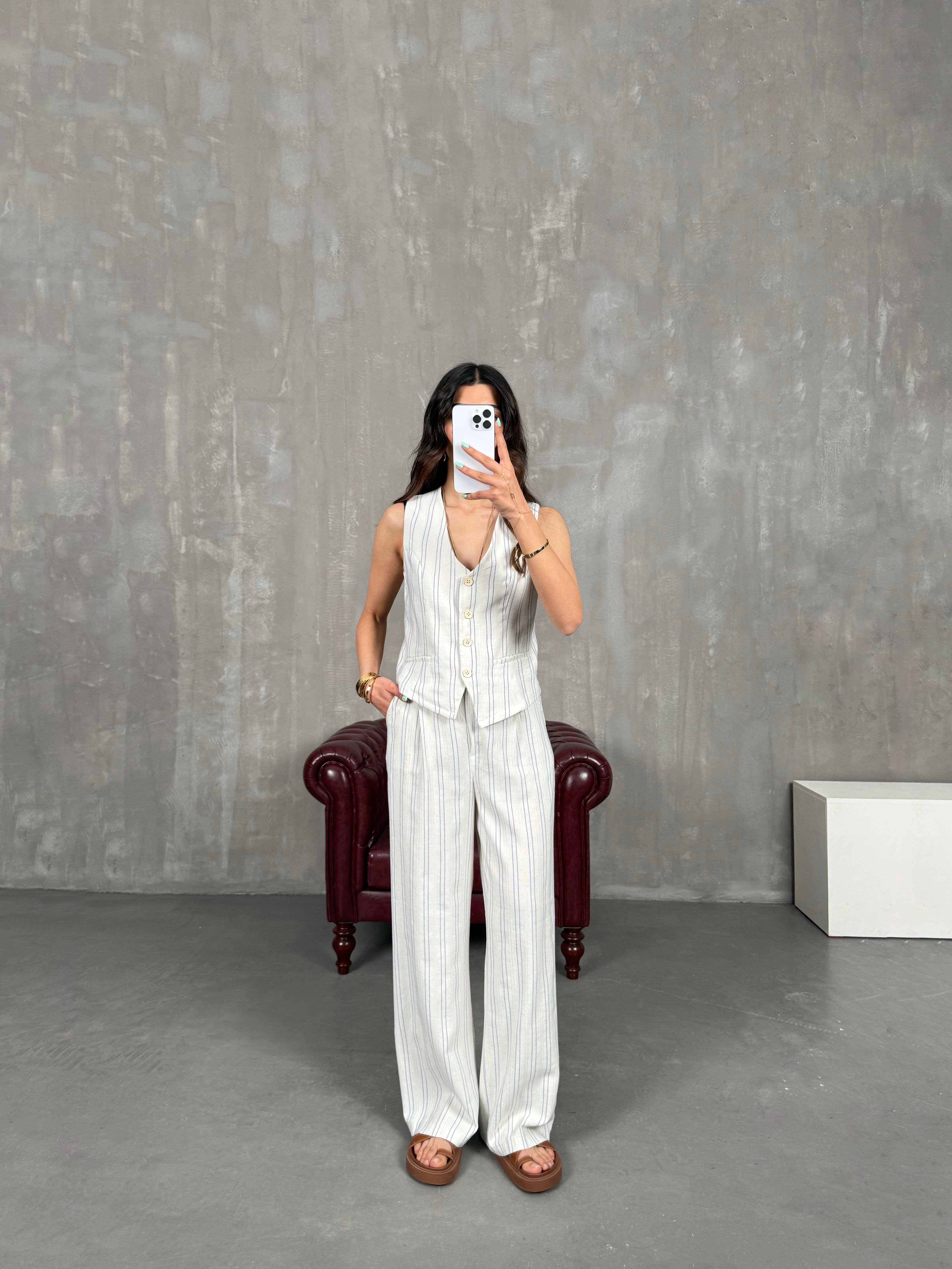 Taş Mavi Çizgili Yelekli Keten Takım Gaus00231GausTAKIMGU1001532