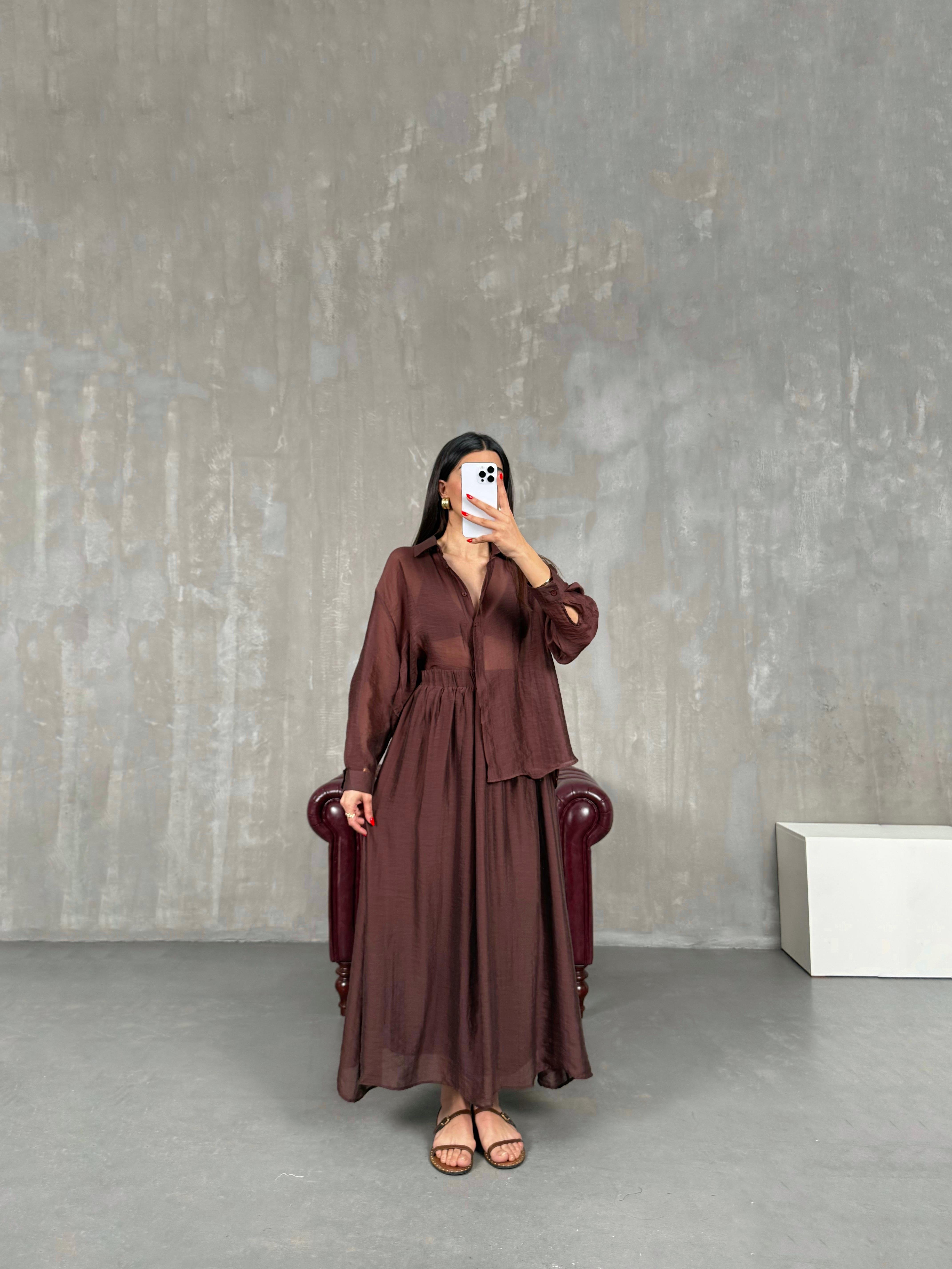 Kahve Gömlek Astarlı Beli Lastikli Etek Kırışık Tensel Takım Gaus00158GausTAKIMGU1001364