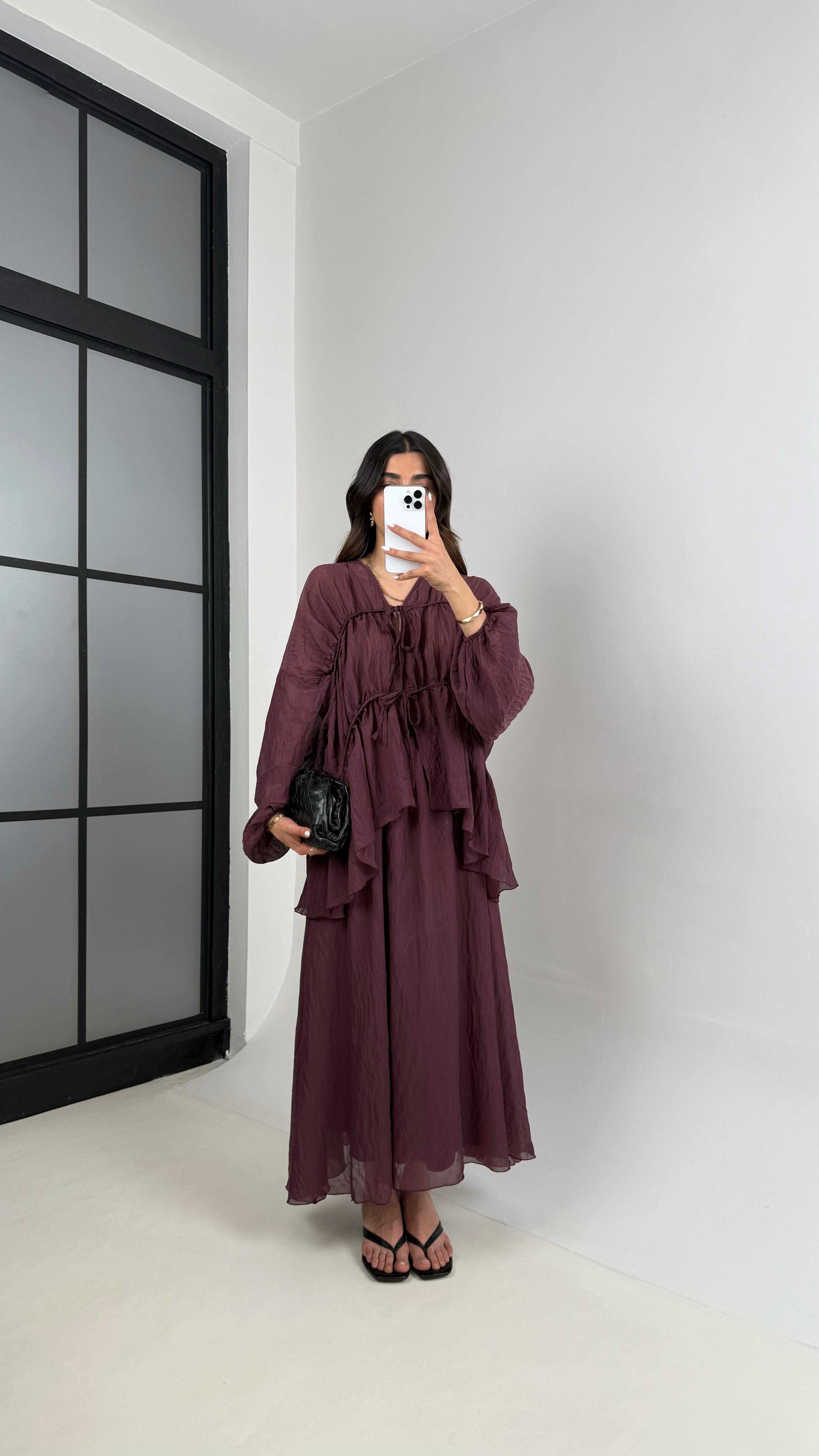 Mürdüm Gipeli Önden Bağlamalı Üst Astarlı Etek İkili Kırışık Kumaş Takım Gaus00426GausTAKIMGU1001992