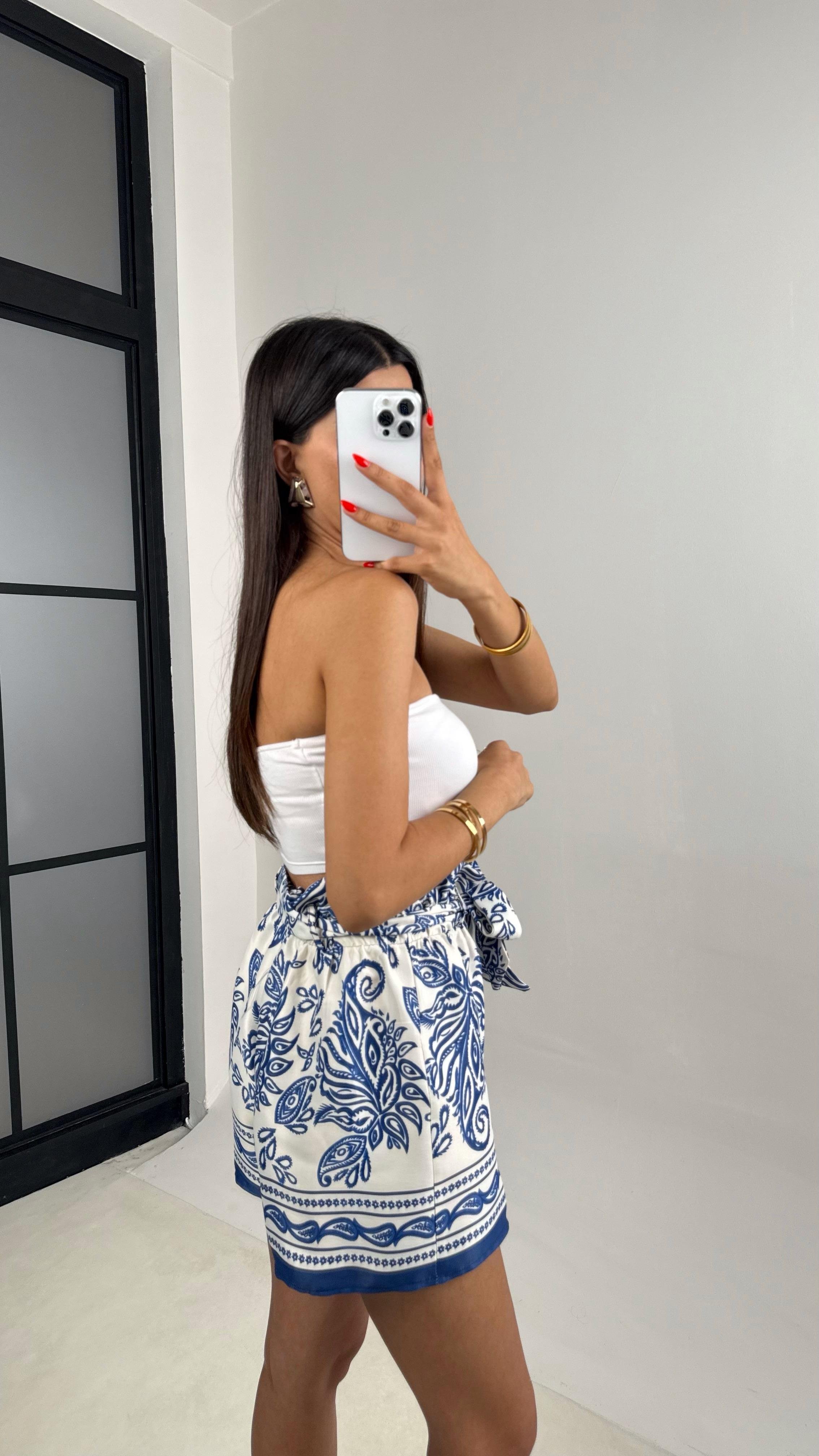 Mavi Etnik Desenli Kuşaklı Saten Şort GAUS-0021GAUSŞORTGAUS-0021