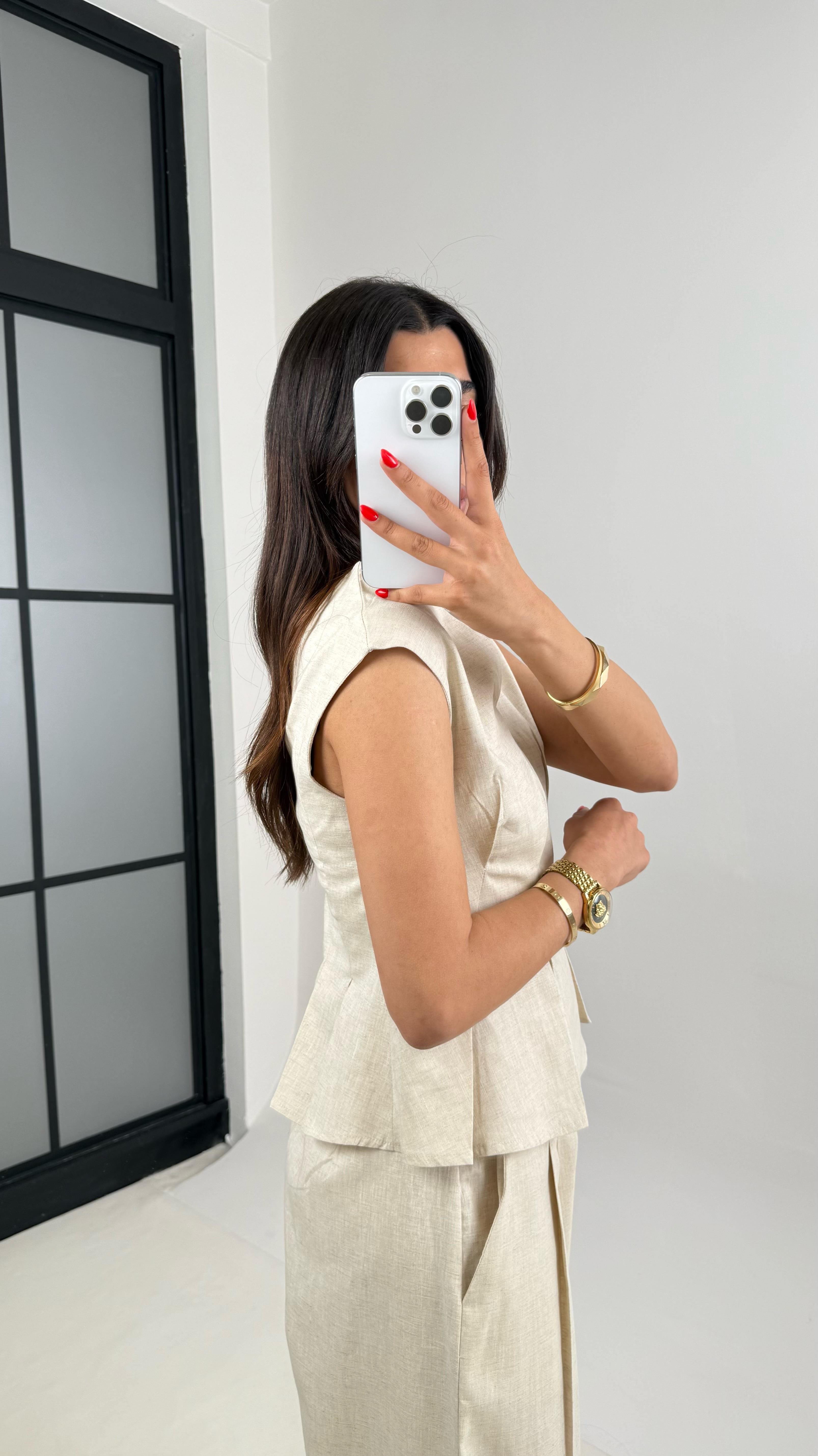 Taş V Yaka Bluz Cepli Pantolon % 100 Ham Keten Takım Gaus00483 GausTAKIMGU1002131