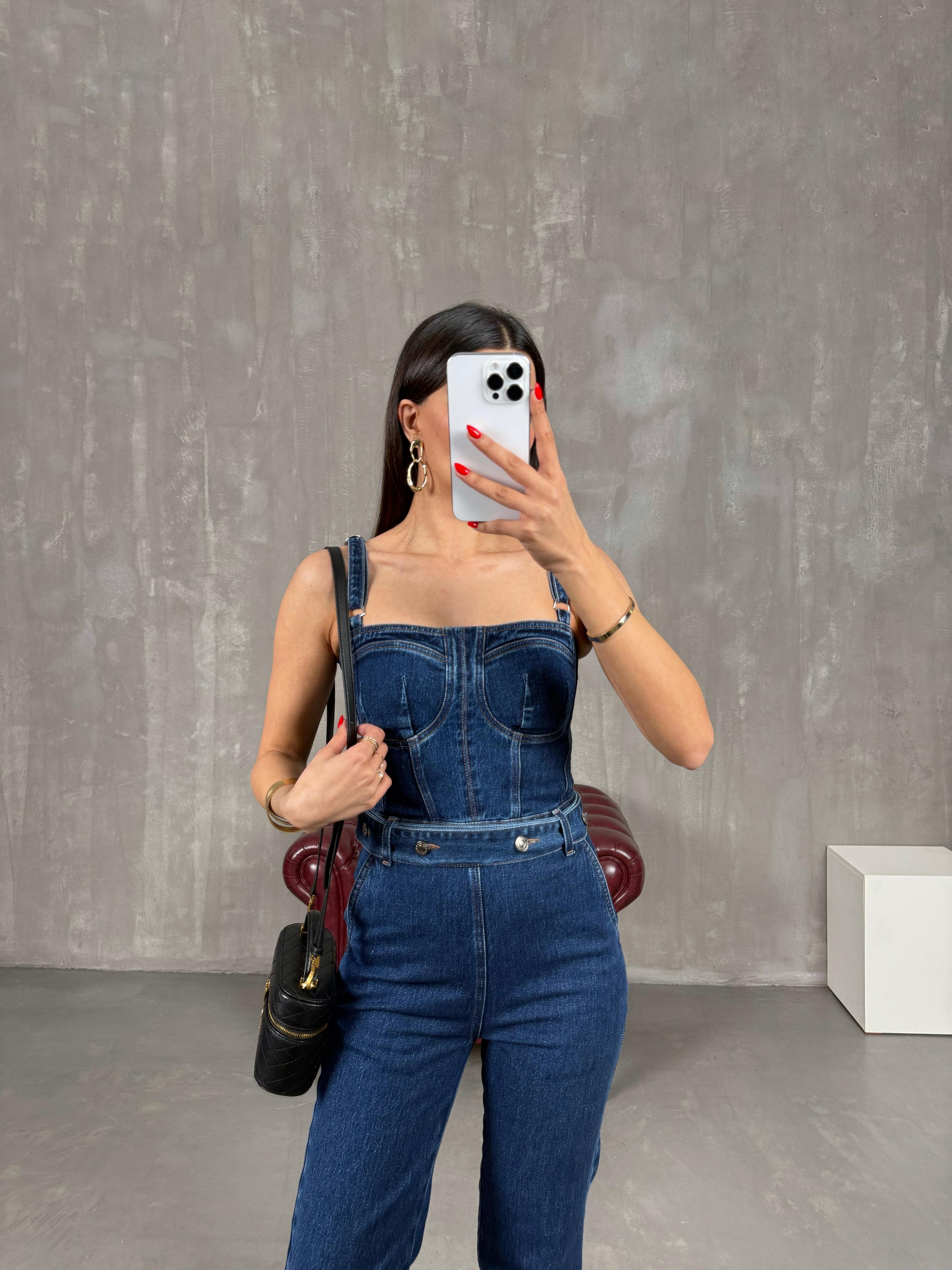 Mavi Kemer Detaylı Ayarlanabilir Askılı Fermuarlı Denim Tulum Gaus00163GausTULUMGU1001374