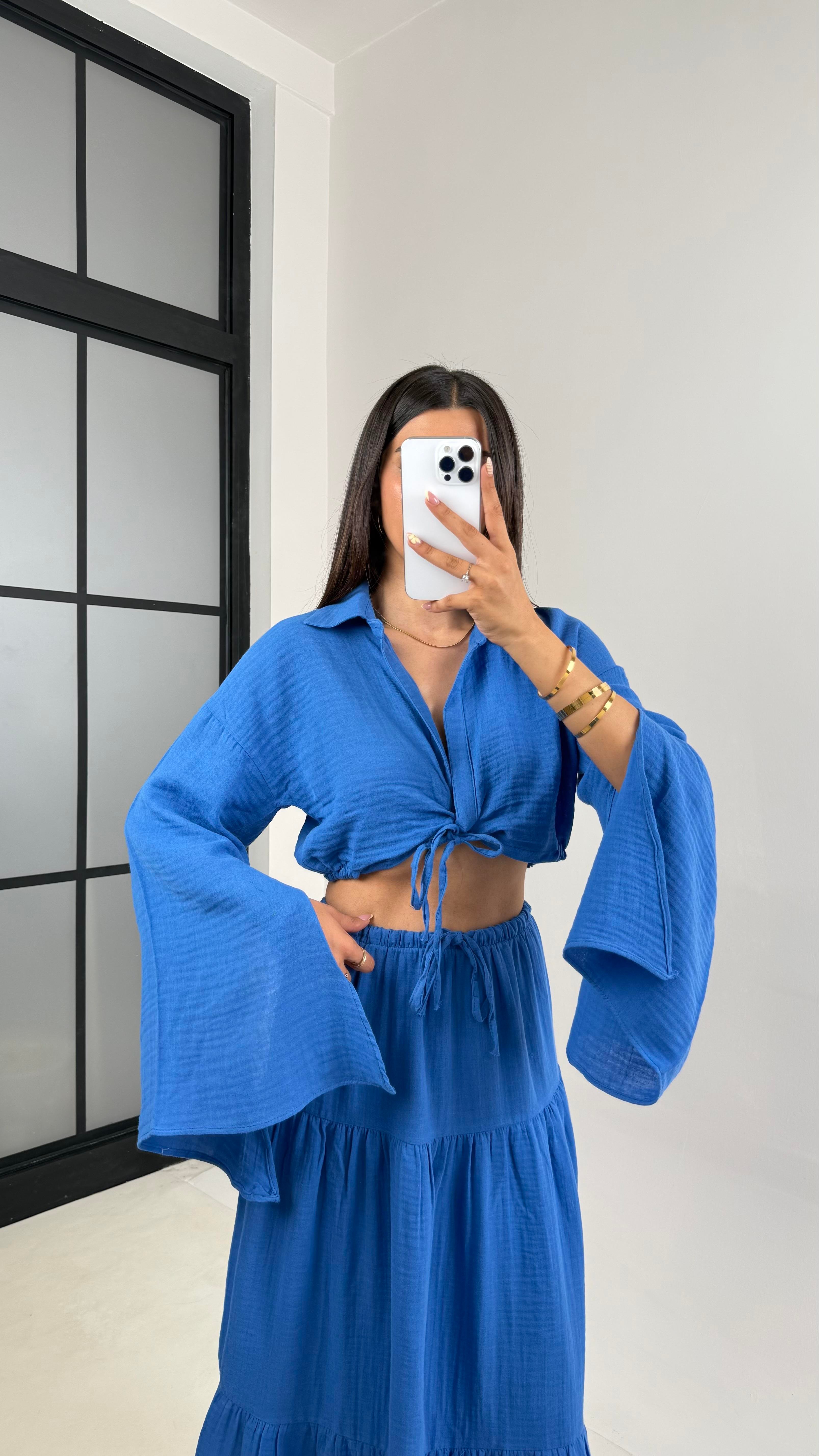 Mavi Bağlama Detaylı Gömlek Beli Lastikli Astarlı Etek Müslin Takım Gaus00641GausTAKIMGU1002493