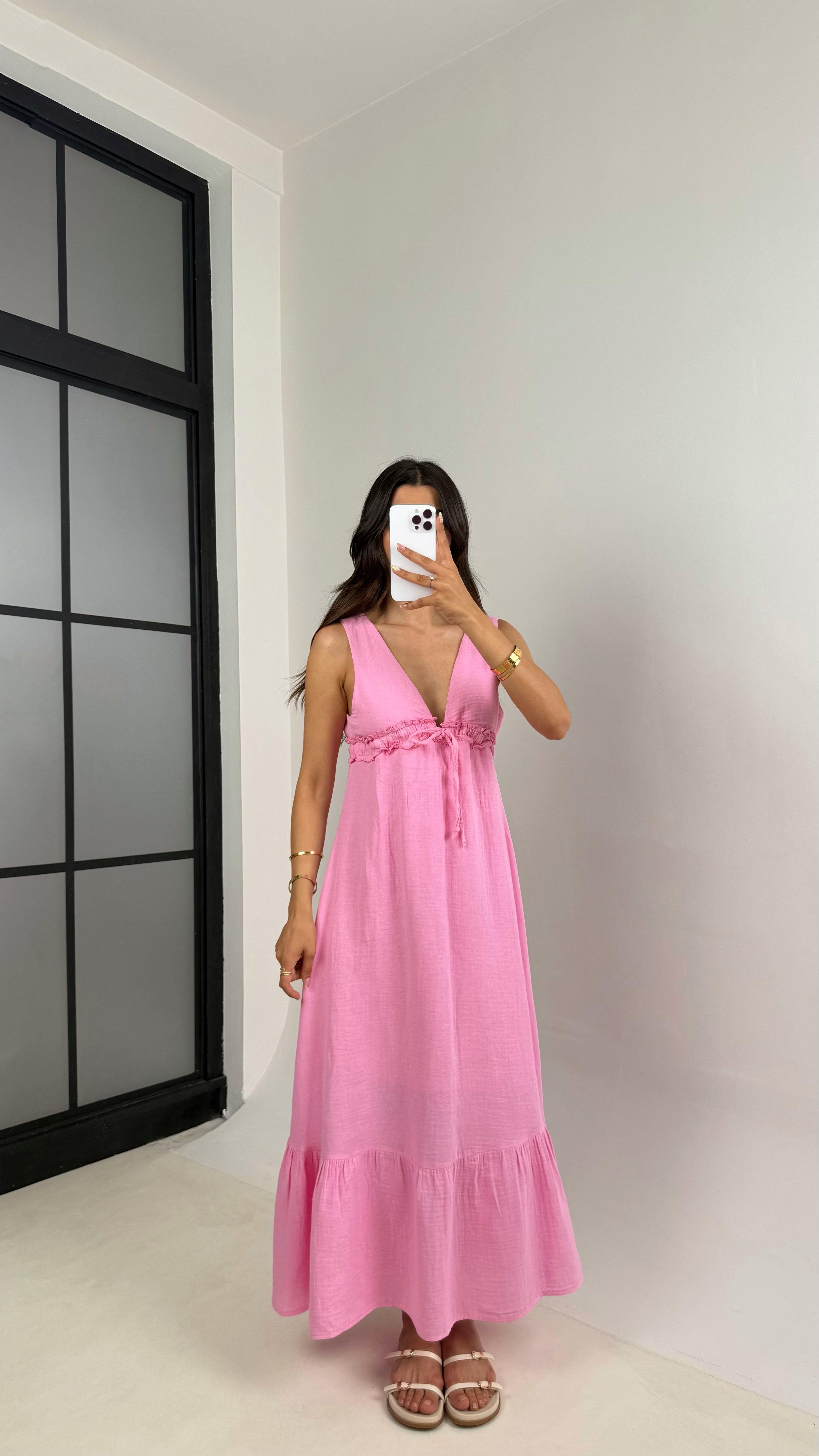 Pembe V Yaka Beli Ayarlanabilir Lastikli Astarlı Müslin Elbise Gaus00680 GausELBİSEGU1002570