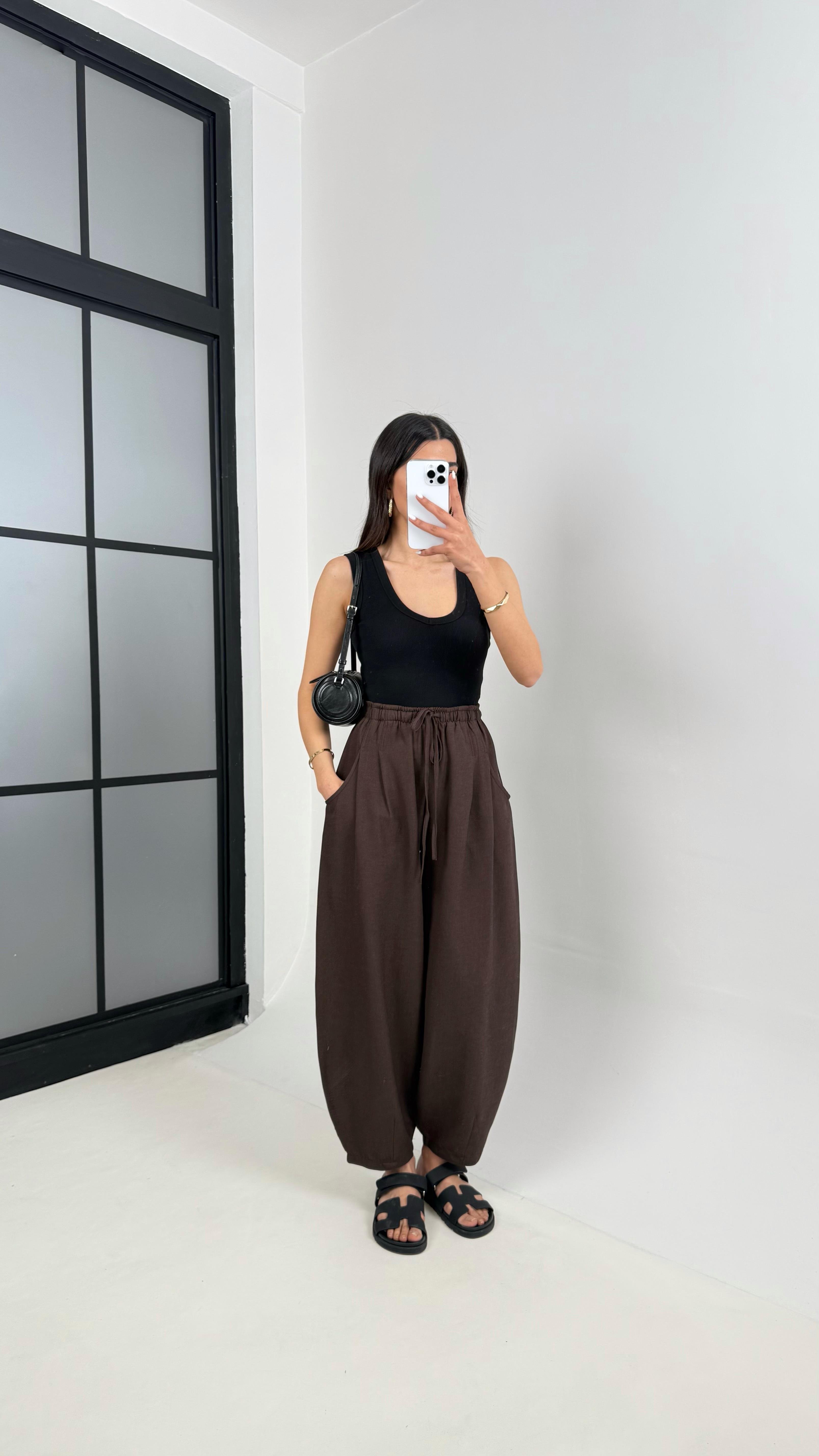 Kahve Beli Lastikli Cepli Balon Keten Pantolon Gaus00391GausPANTOLONGU1001915