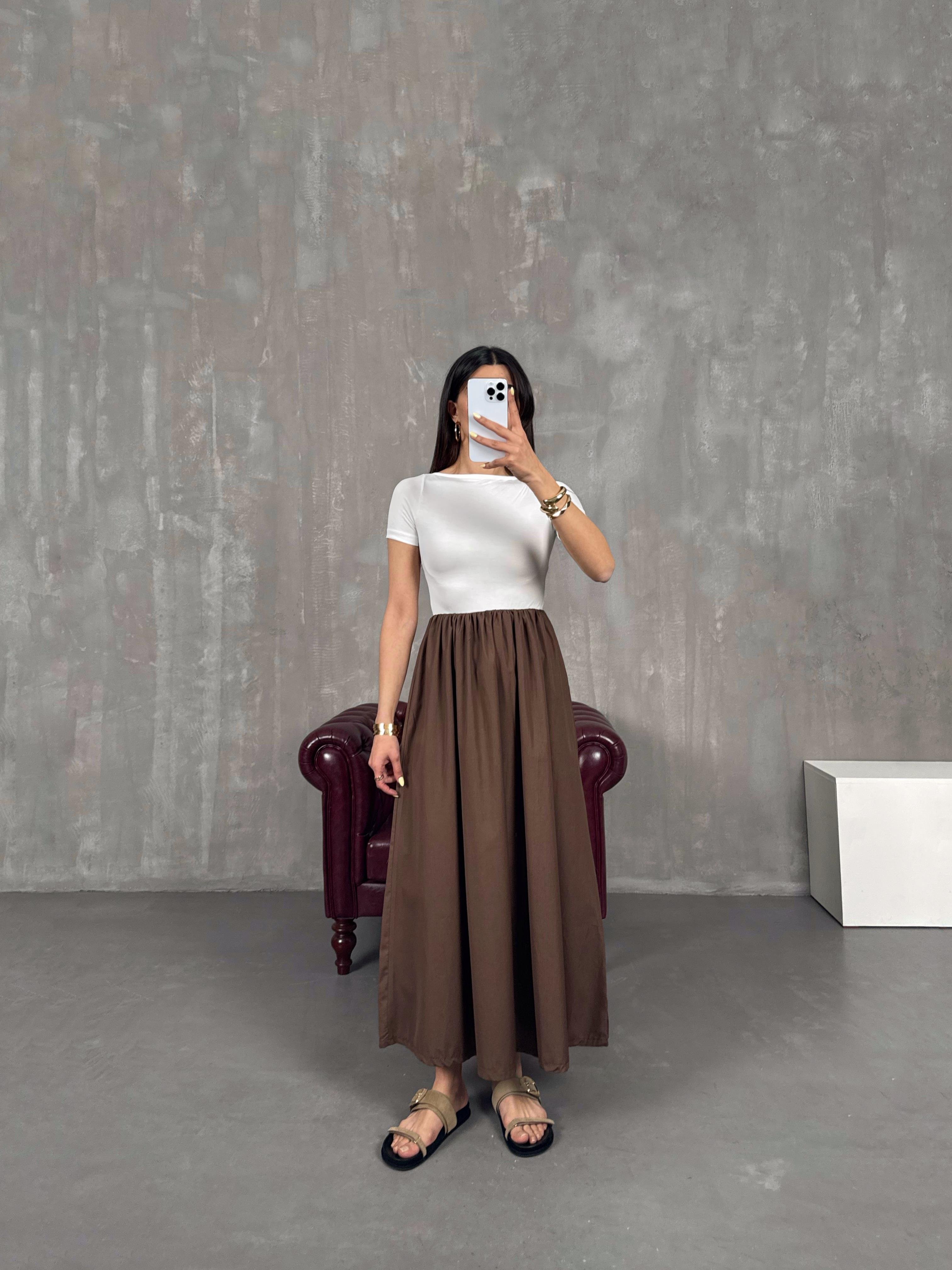 Kahve Kısa Kollu Renk Bloklu Elbise Gaus00124GausELBİSEGU1001280