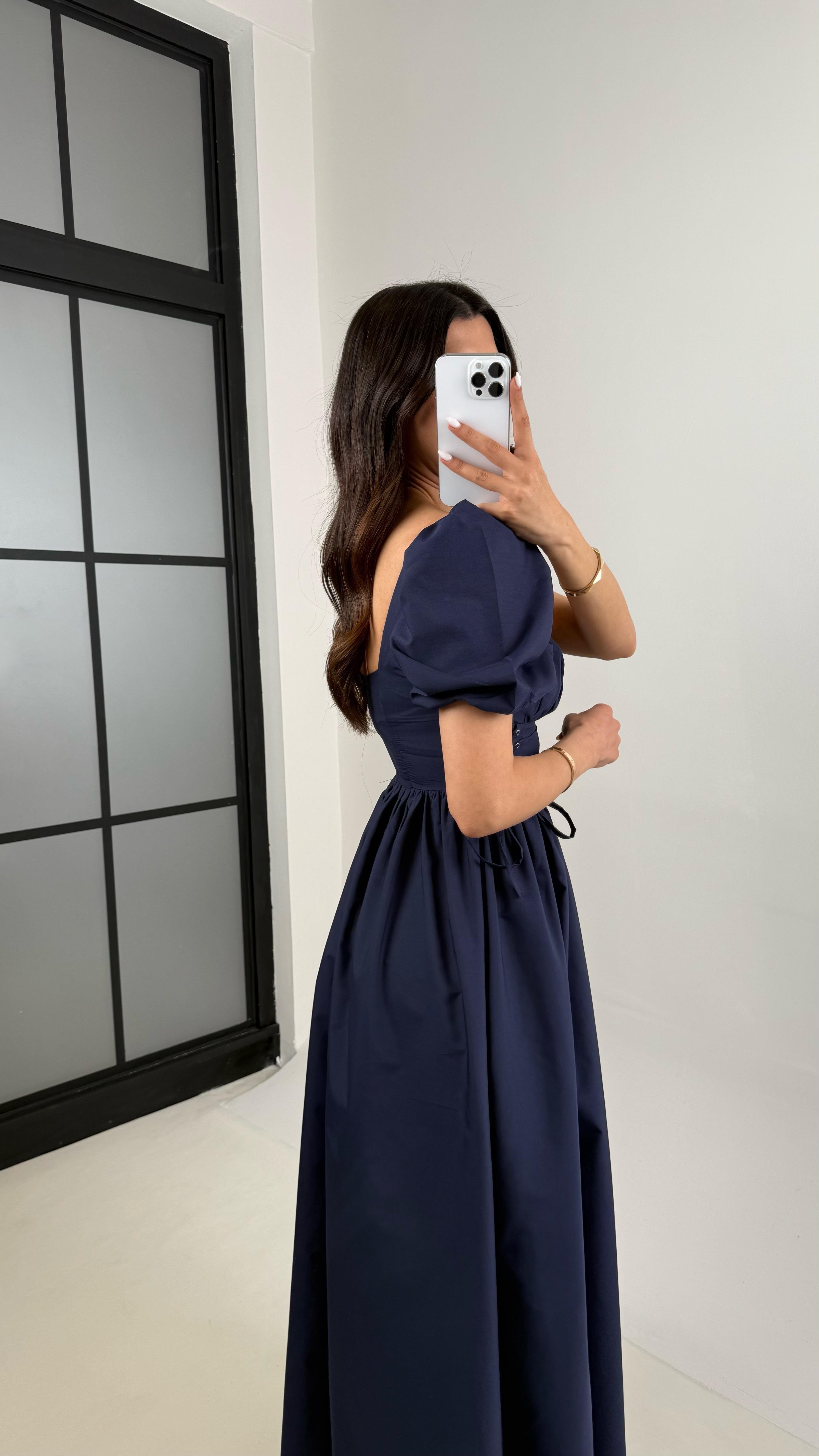 Lacivert Balon Kol Önü Büzgülü İthal Kumaş Elbise Gaus00425GausELBİSEGU1001990