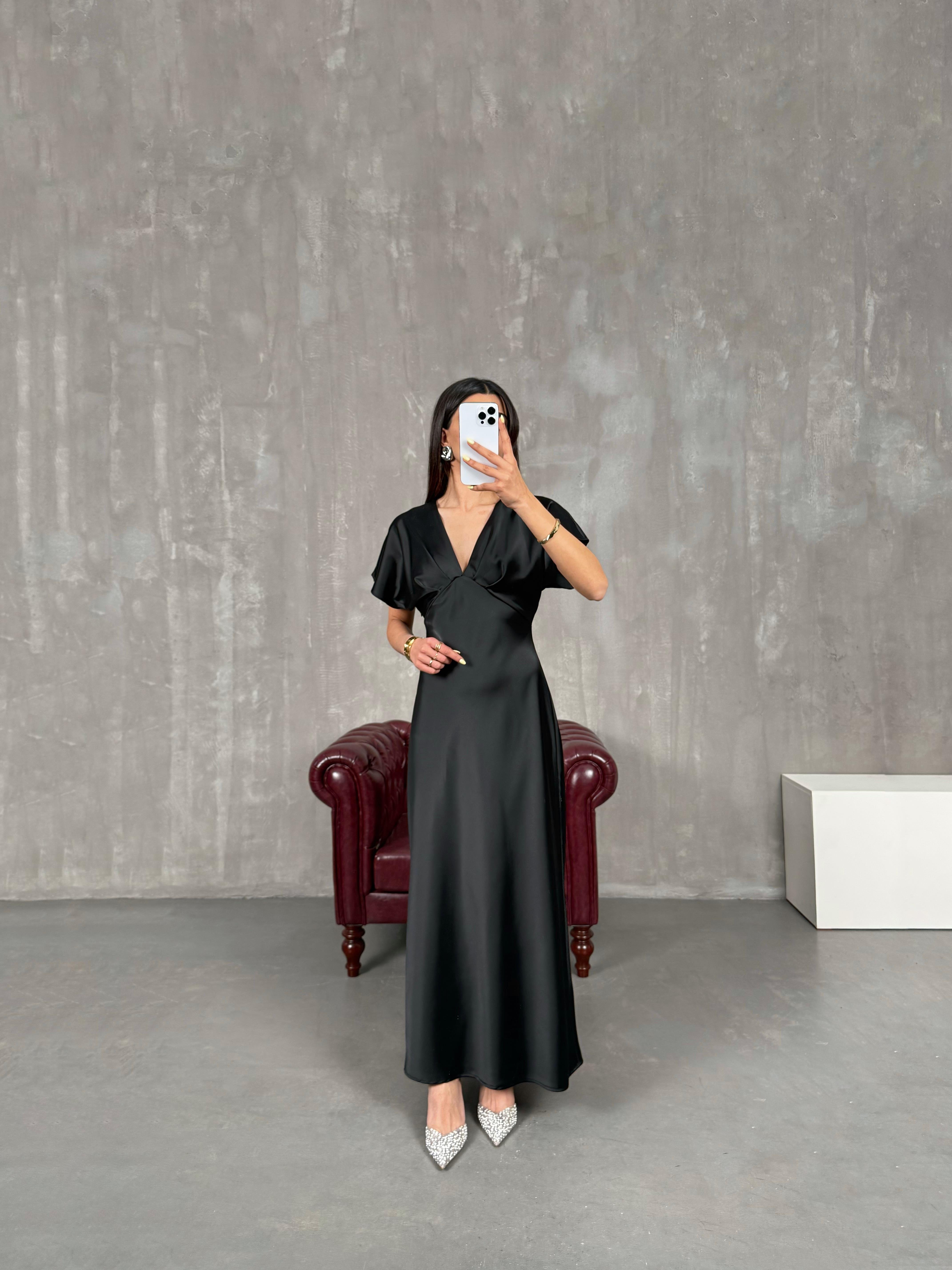 Siyah V Yaka Saten Elbise Gaus00125GausELBİSEGU1001283