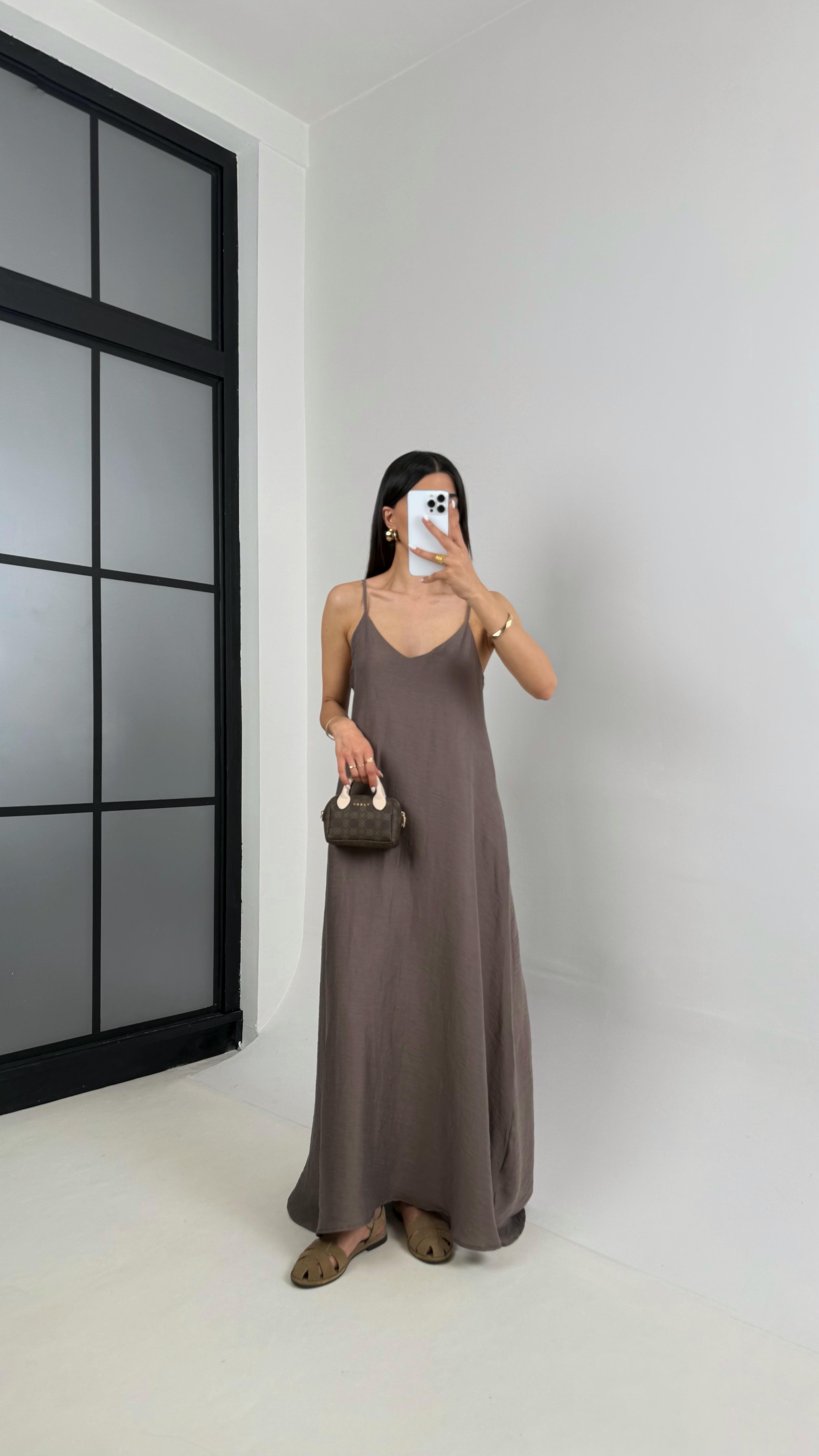 Kahve Askılı Astarlı Cepli Tencel Elbise Gaus00449GausELBİSEGU1002046