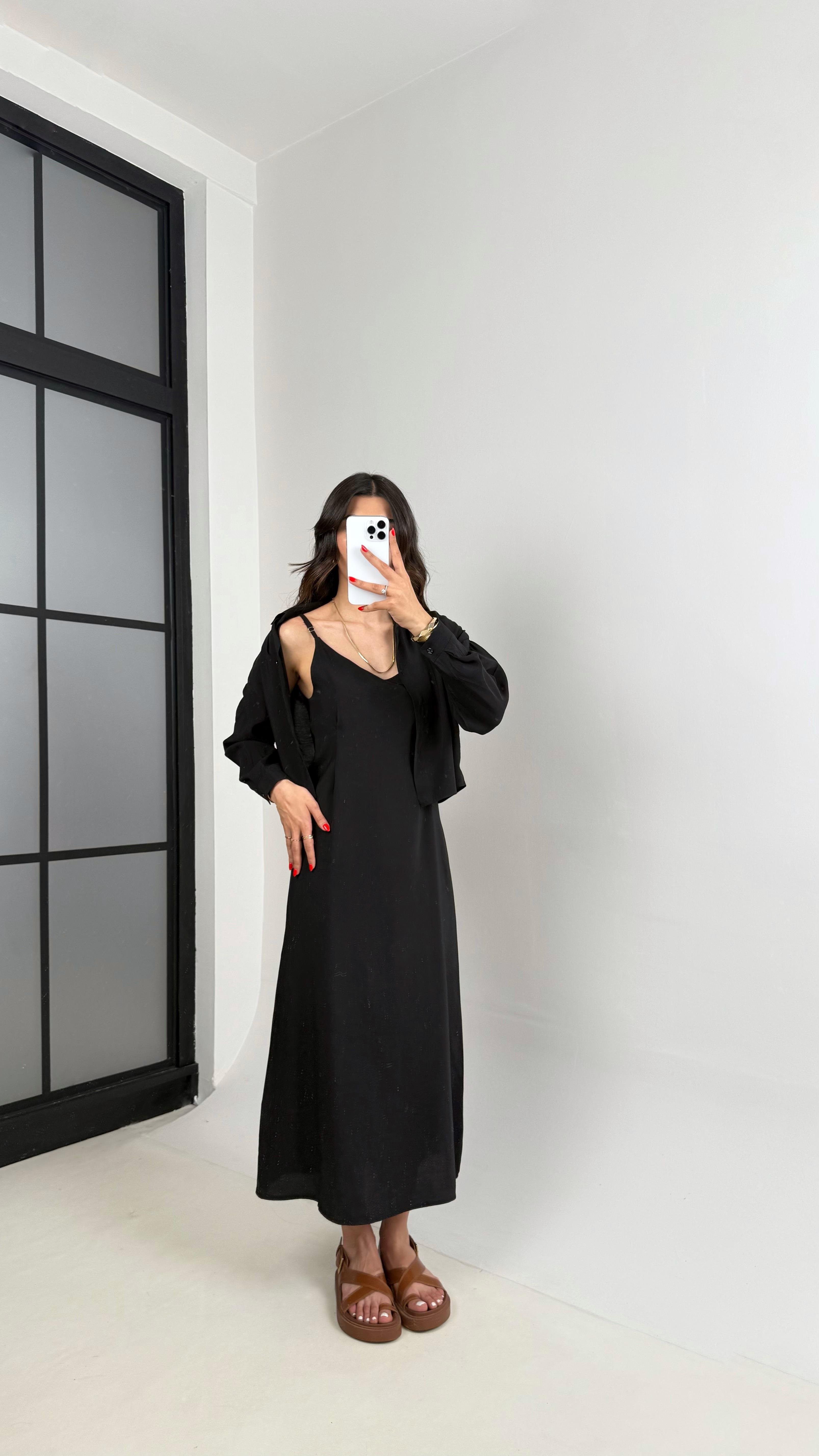 Siyah Ayarlanabilir Askılı Elbise Gömlek İkili Tensel Takım Gaus00467GausTAKIMGU1002092