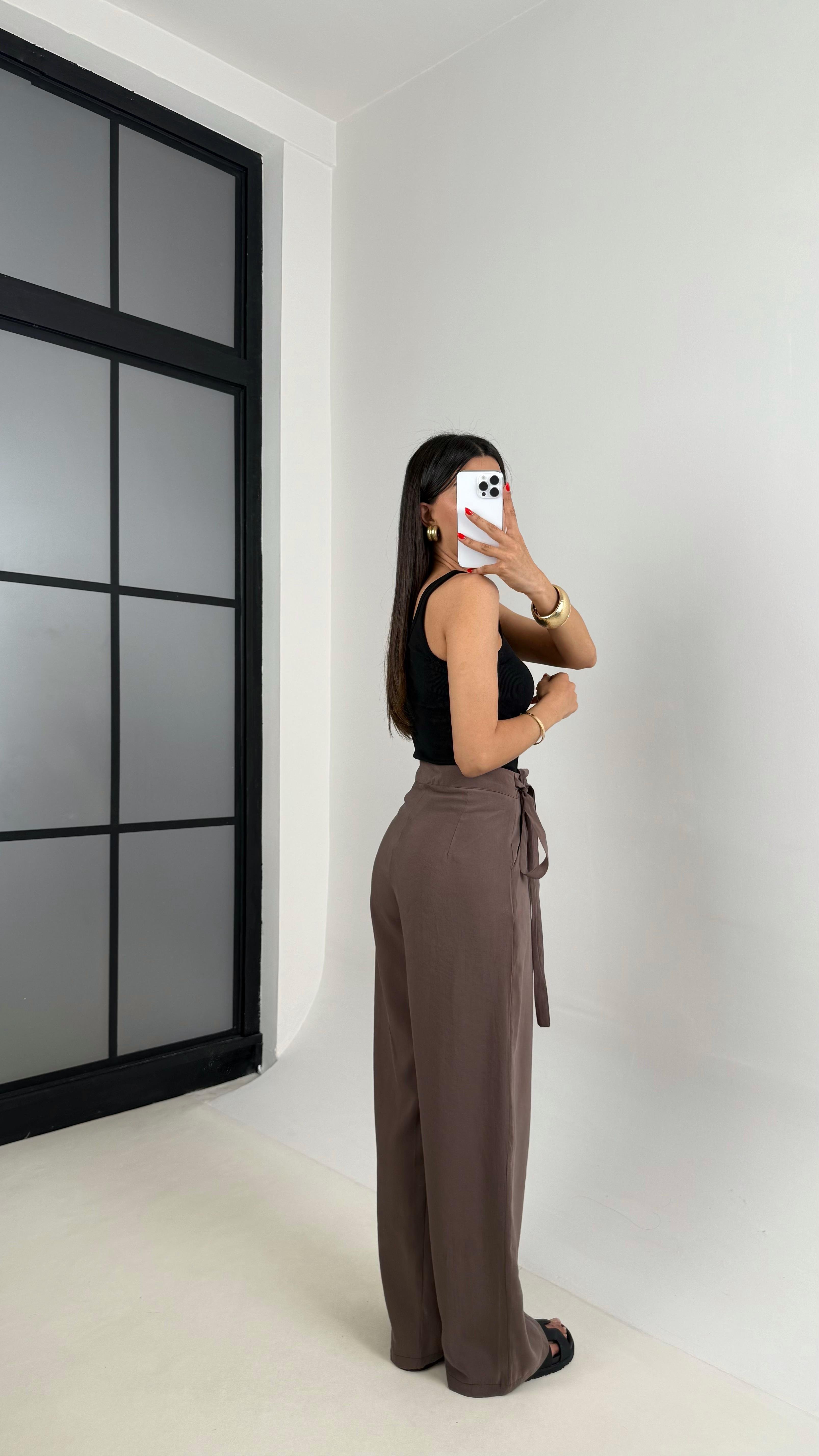 Kahve Yan Bağlamalı Tasarım Tencel Pantolon Gaus00500GausPANTOLONGU1002173