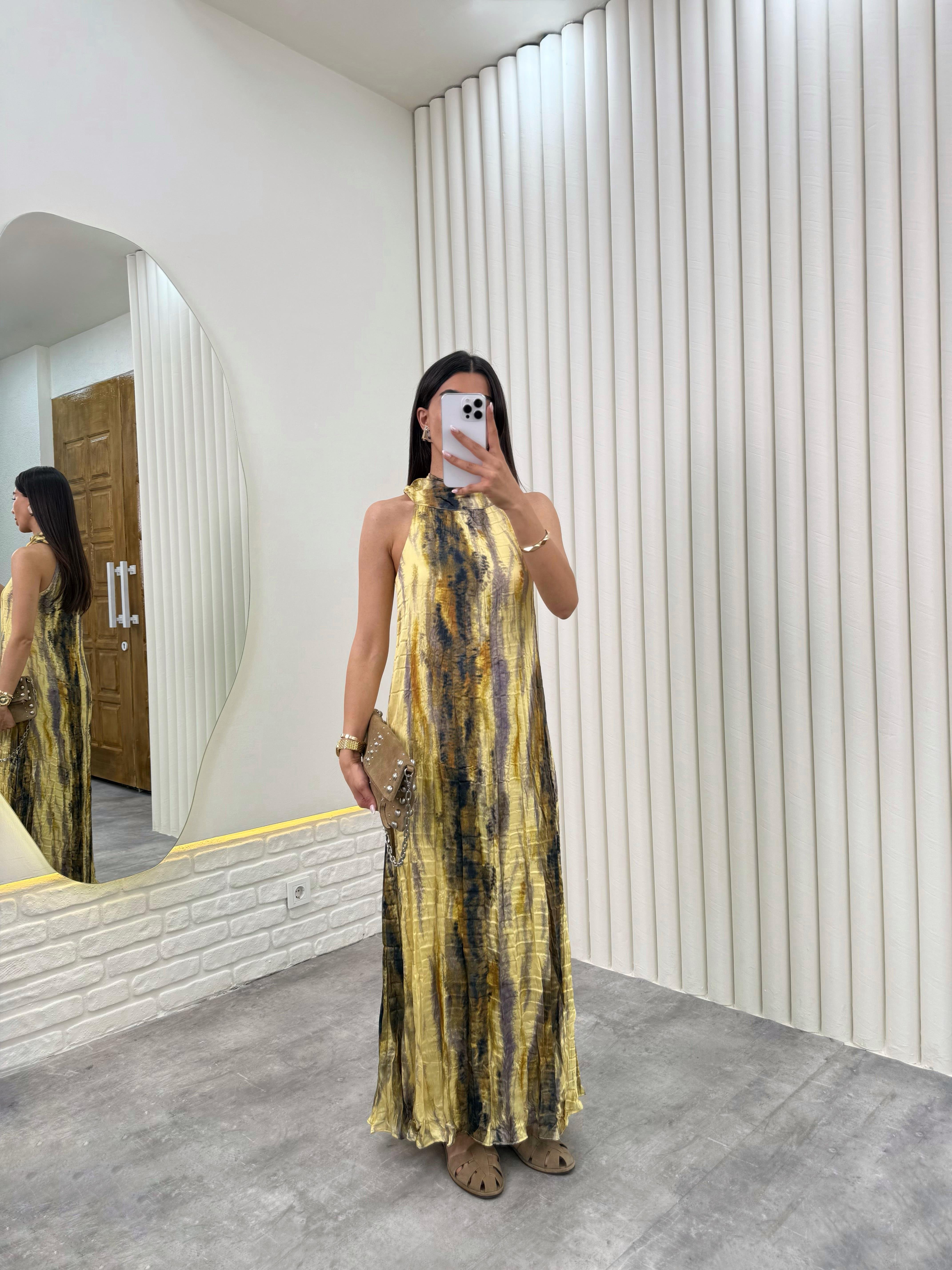 Sarı Renkli Astarlı Kırışık Elbise Gaus00313GausELBİSEGU1001719