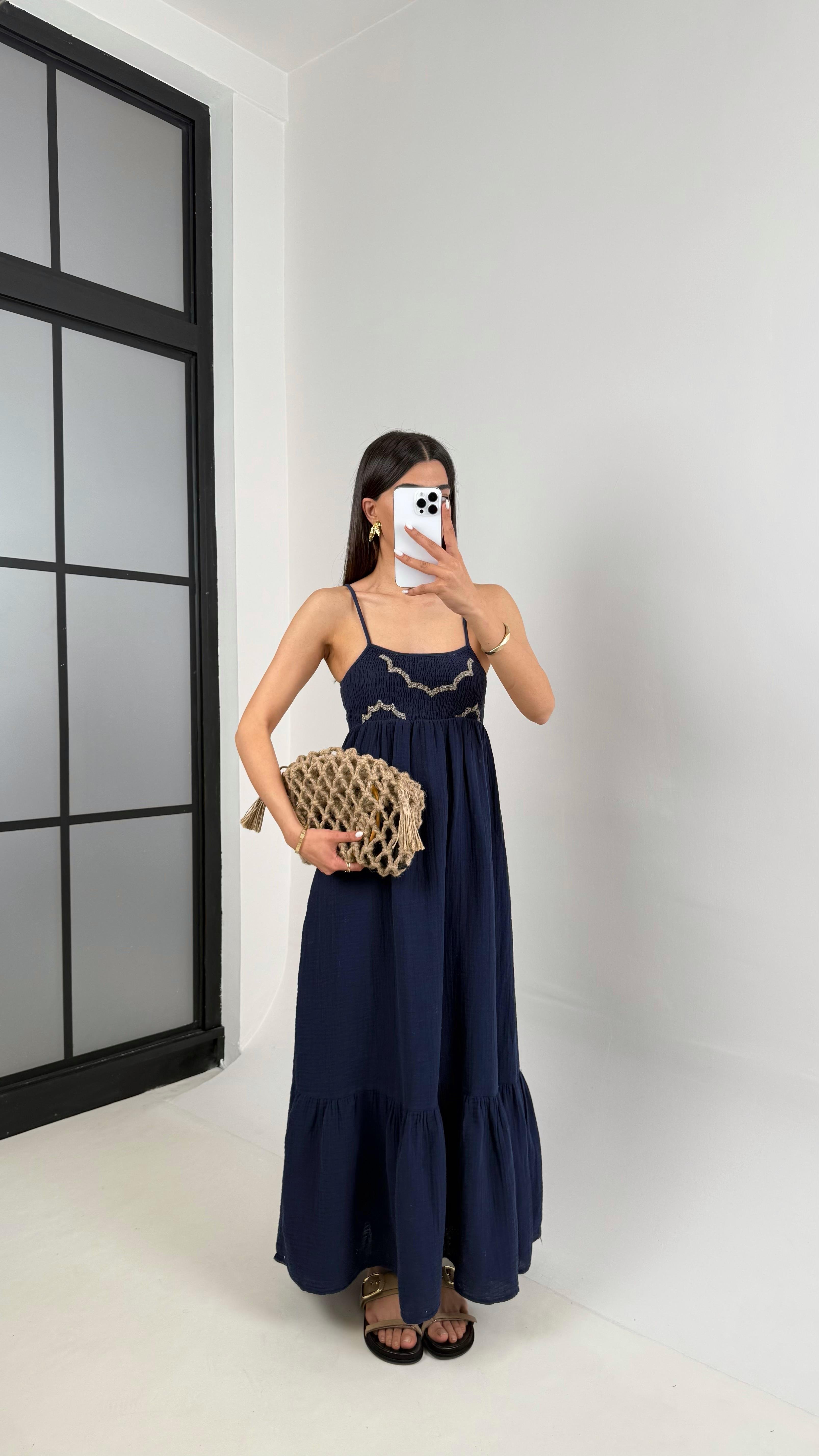 Lacivert Ayarlanabilir Askılı Astarlı Müslin Elbise Gaus409GausELBİSEGU1001954