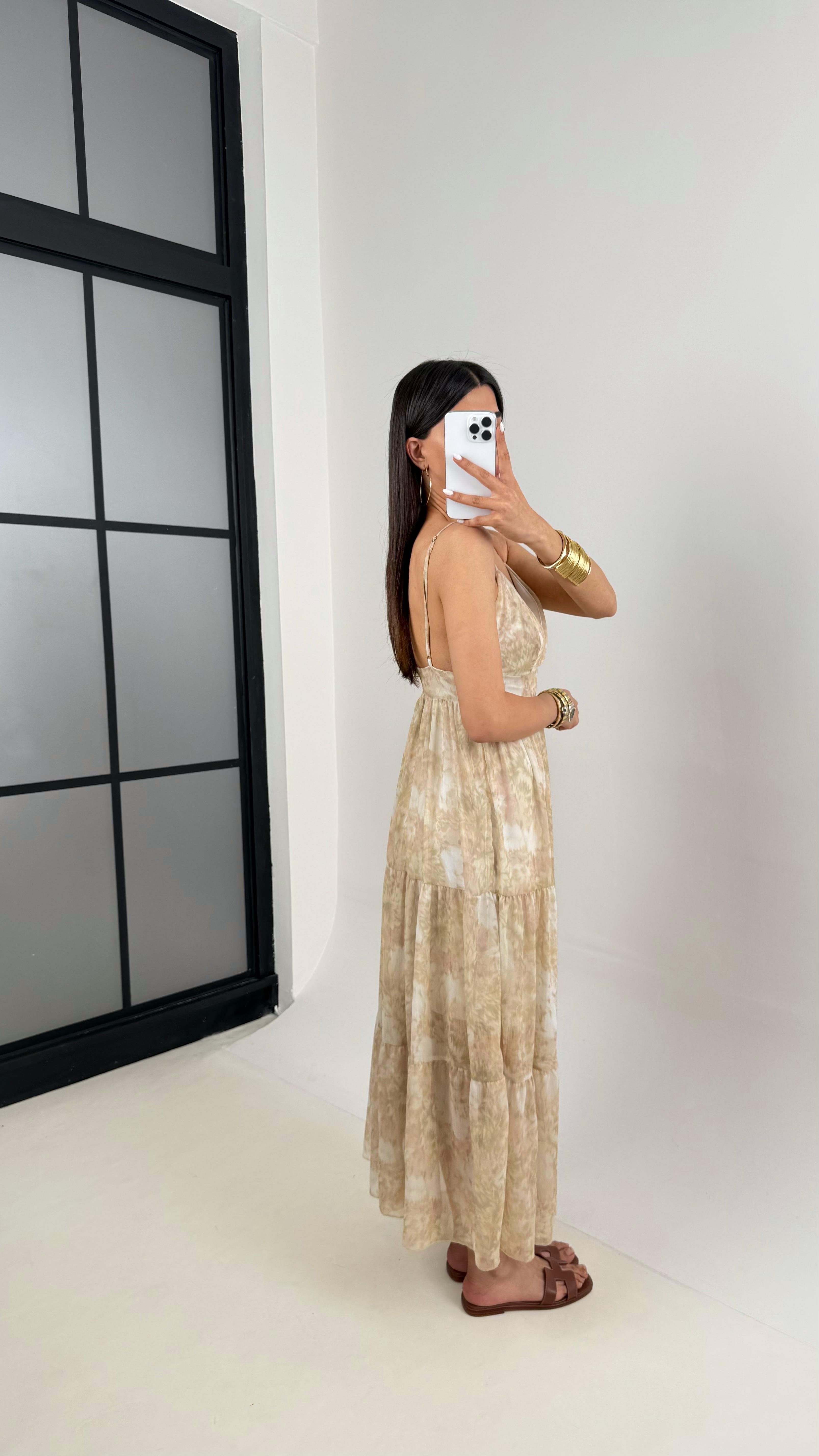 Bej Desenli Ayarlanabilir Askılı Yarım Astarlı Şifon Elbise Gaus00411GausELBİSEGU1001959