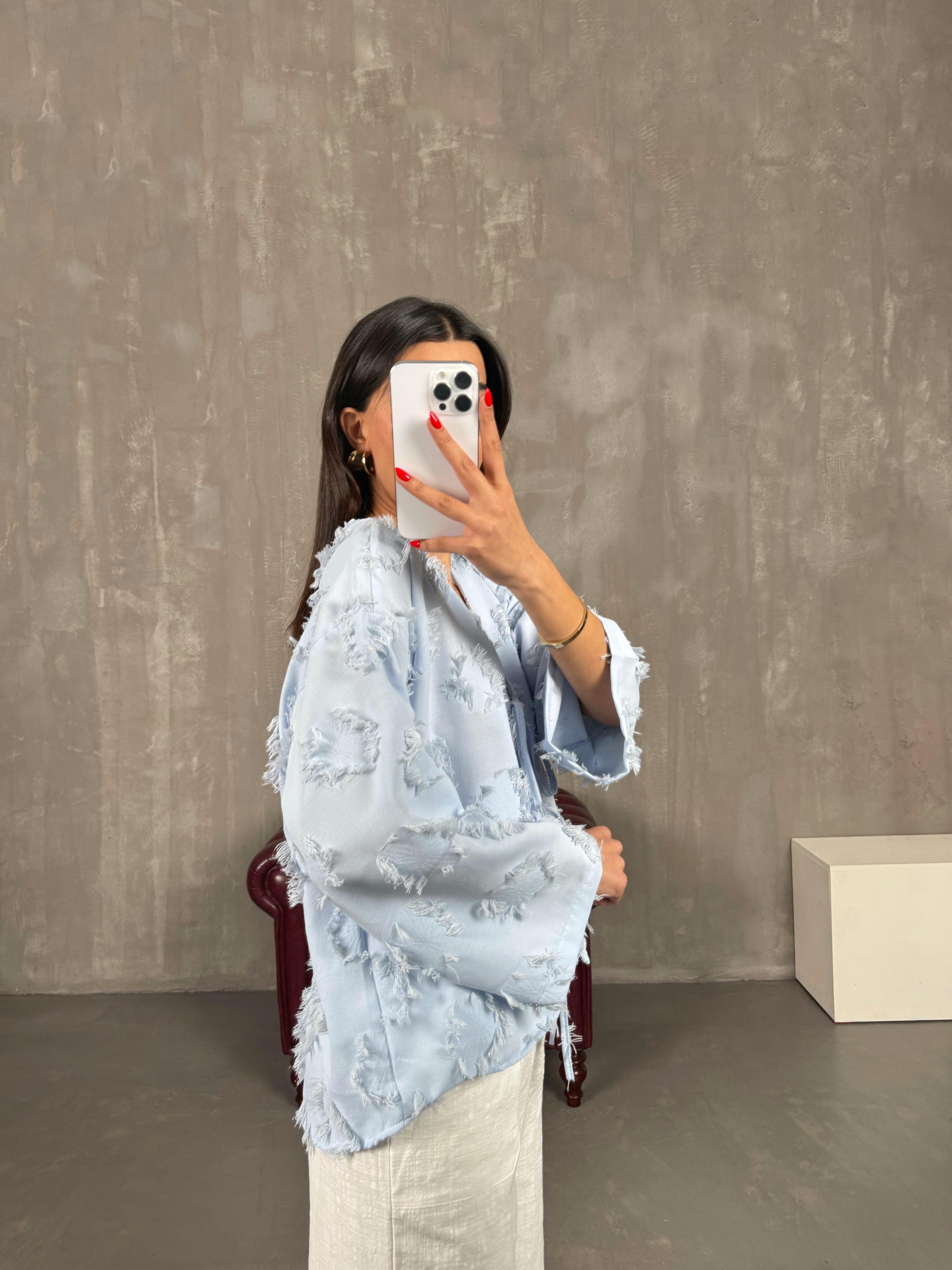 Zenit Mavi Püskül Detaylı Bağlamalı Keten GömlekGausGÖMLEKGU1001372