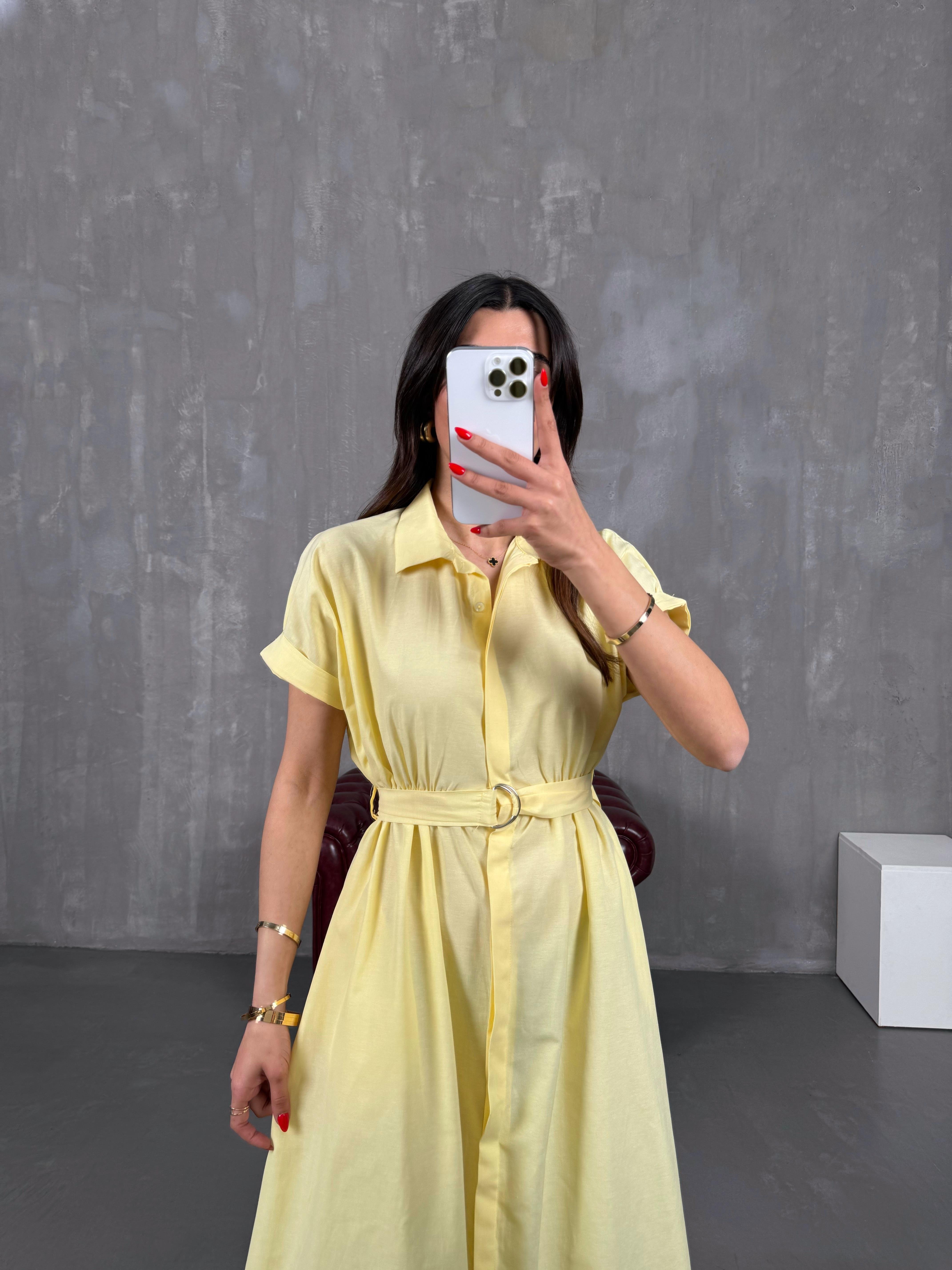 Sarı Ön Düğmeli Kuşaklı Beli Lastikli Gömlek Yaka Elbise Gaus00178GausDressesGU1001414