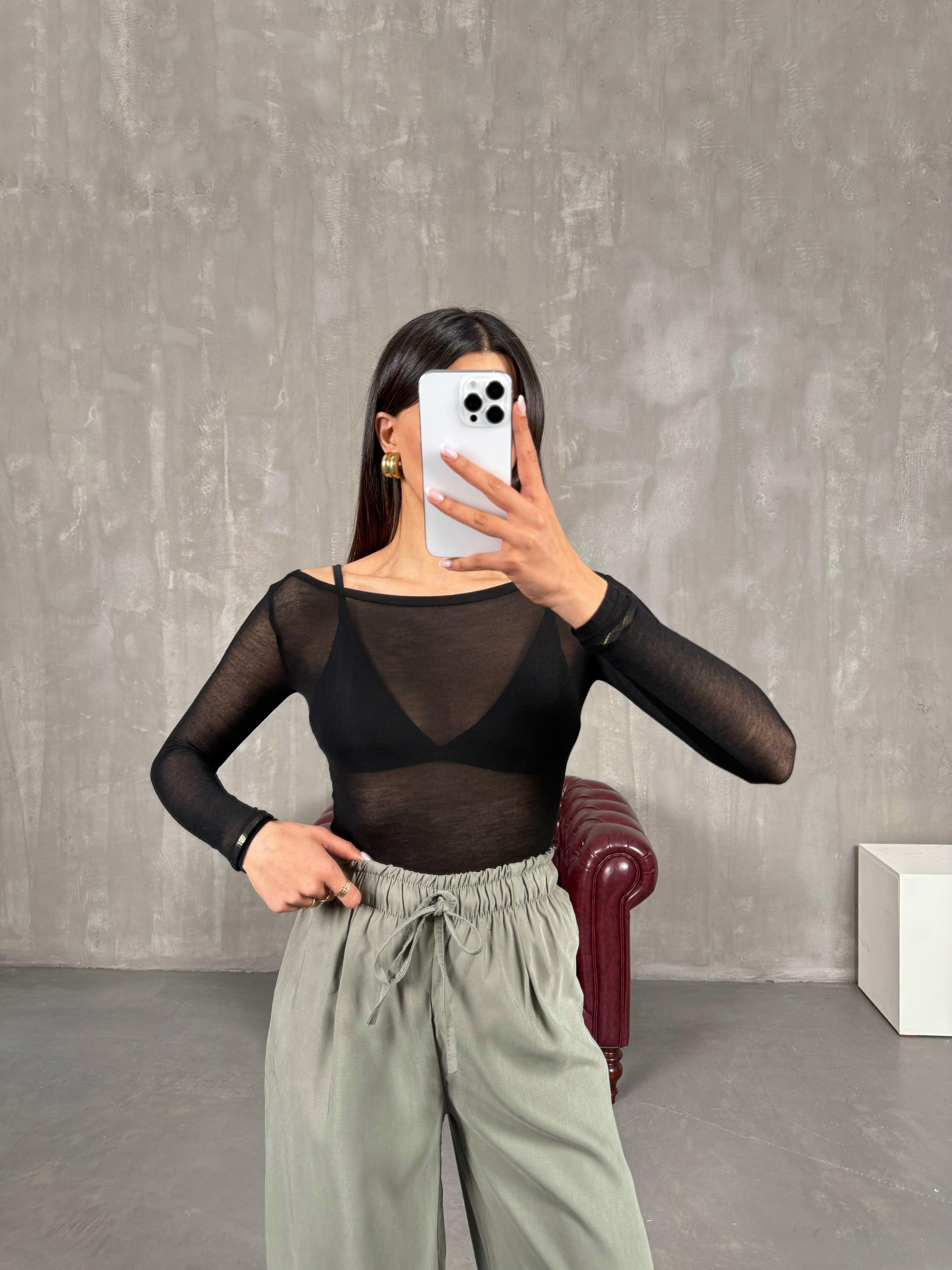 Siyah Transparan Kaşmir Dokulu Bluz Gaus00272GausBLUZGU1001628