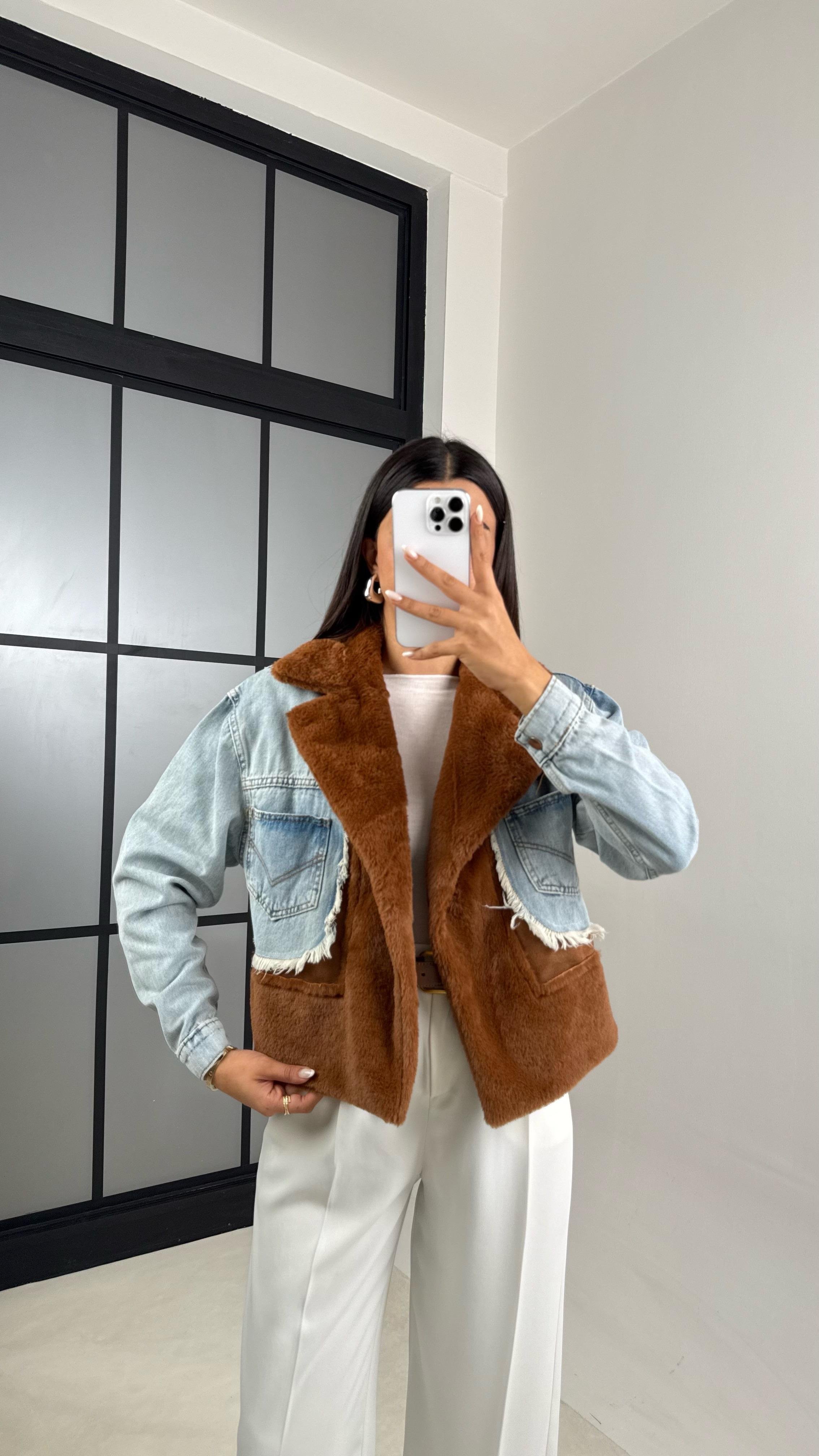 Kahve Denim Detaylı Peluş Ceket GAUS-00583GAUS السترات  GAUS-00583