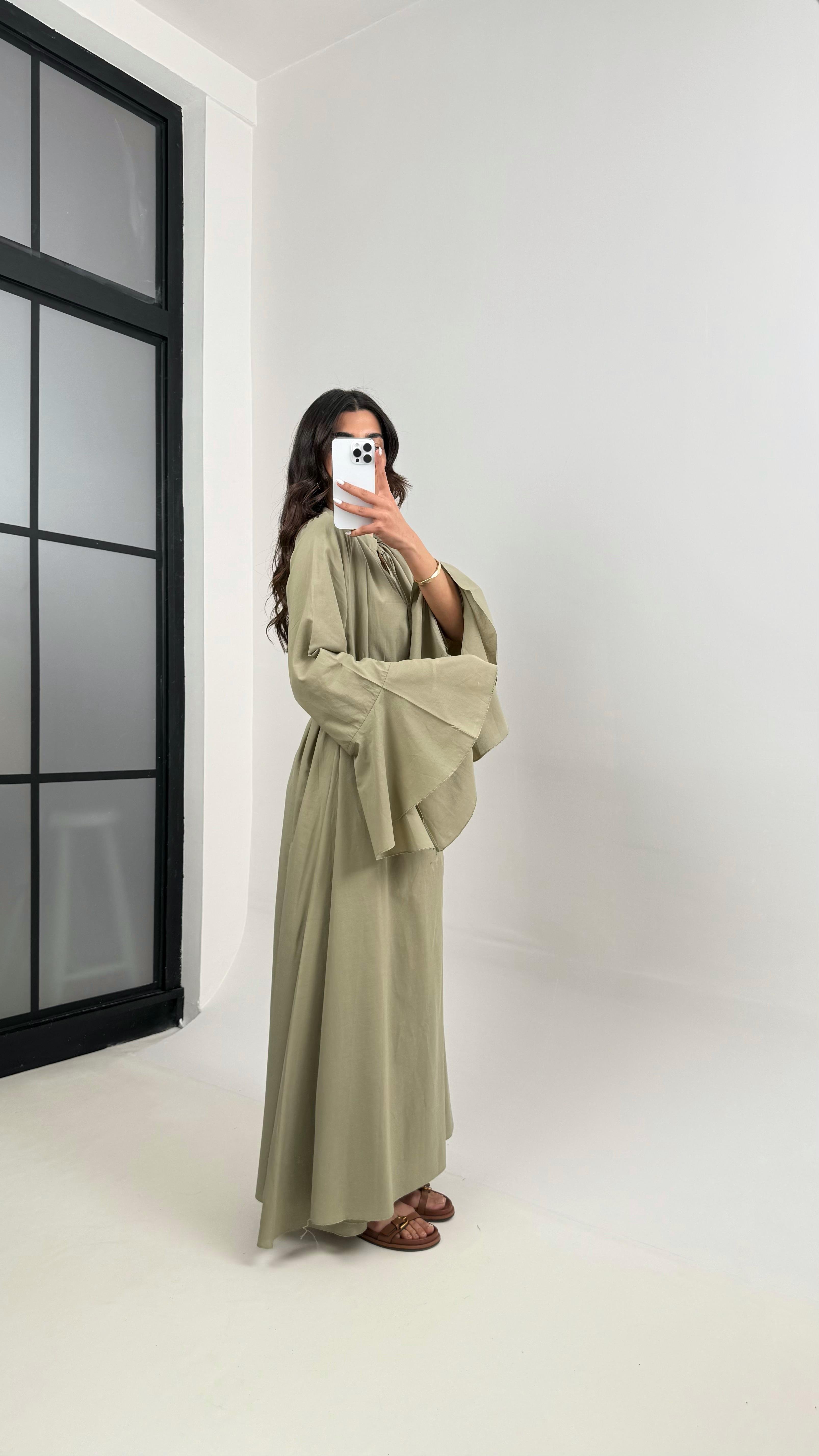 Haki Önü Bağlamalı Kuşaklı Astarlı Vual Kumaş Elbise Gaus00344GausELBİSEGU1001801