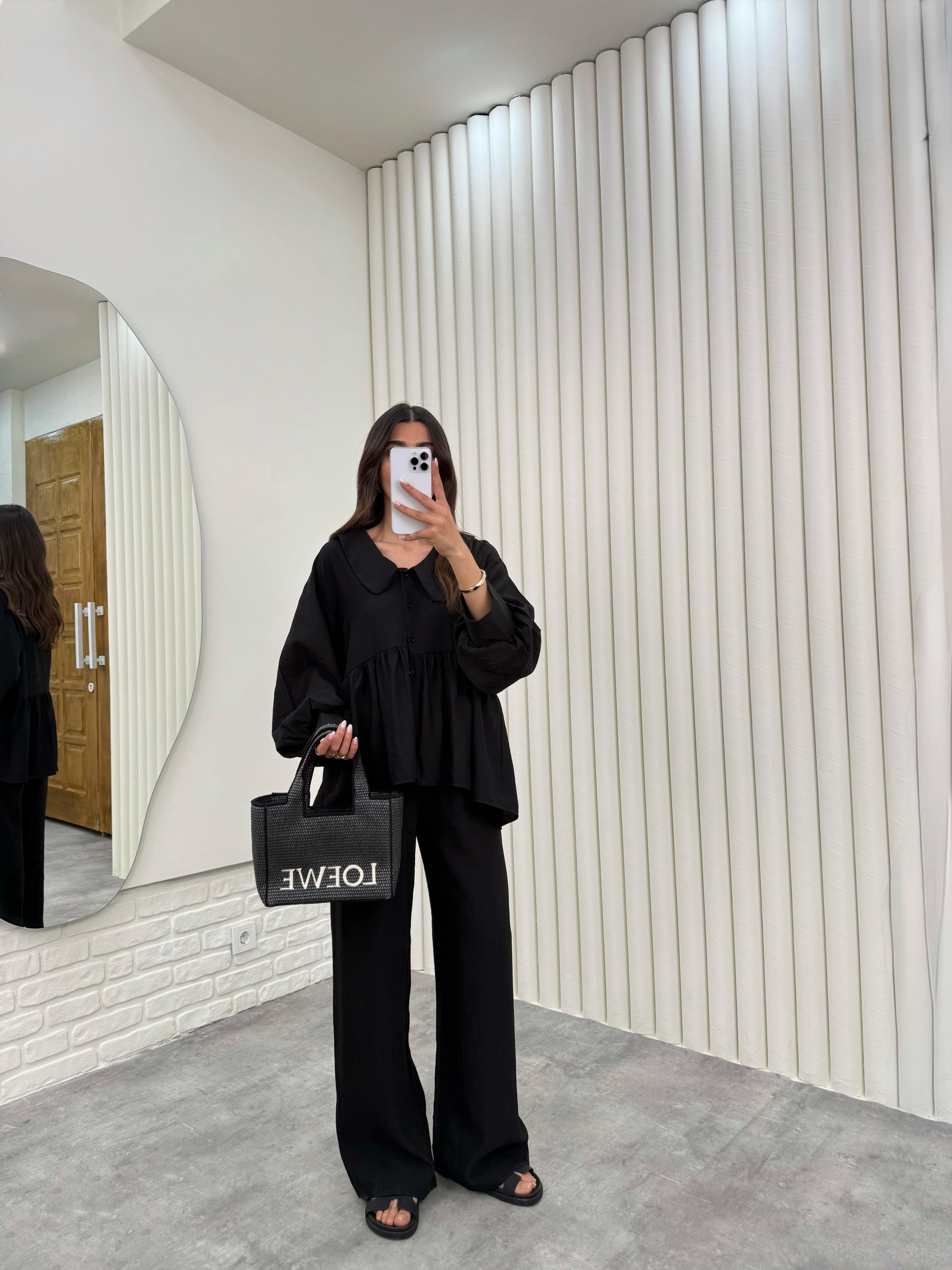 Siyah Bağlamalı Bebe Yaka Üst Beli Lastikli Cepli Pantolon İthal Kumaş Takım Gaus00292GausTAKIMGU1001676