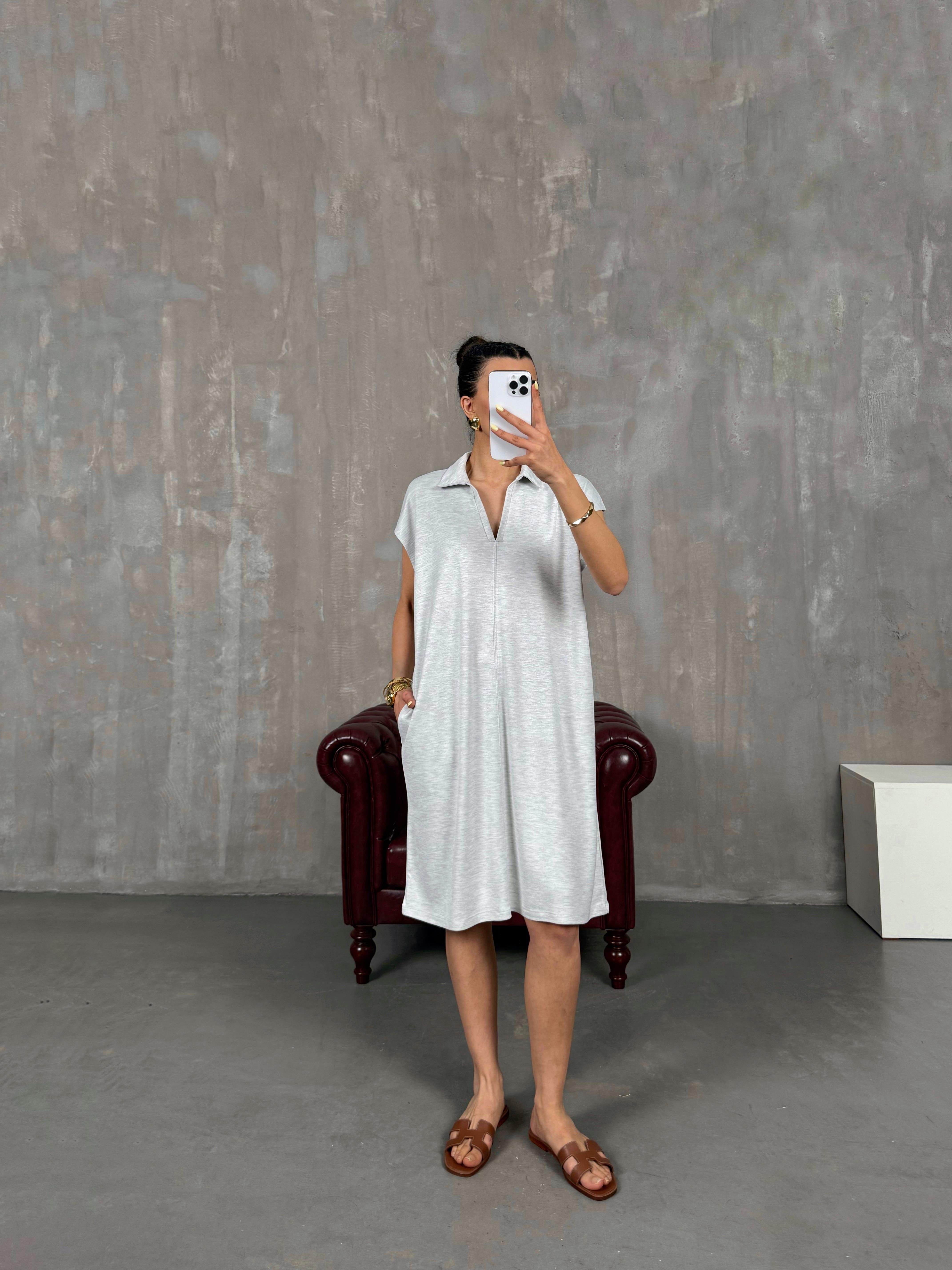 Gri V Polo Yaka Elbise Gaus00117GausELBİSEGU1001261