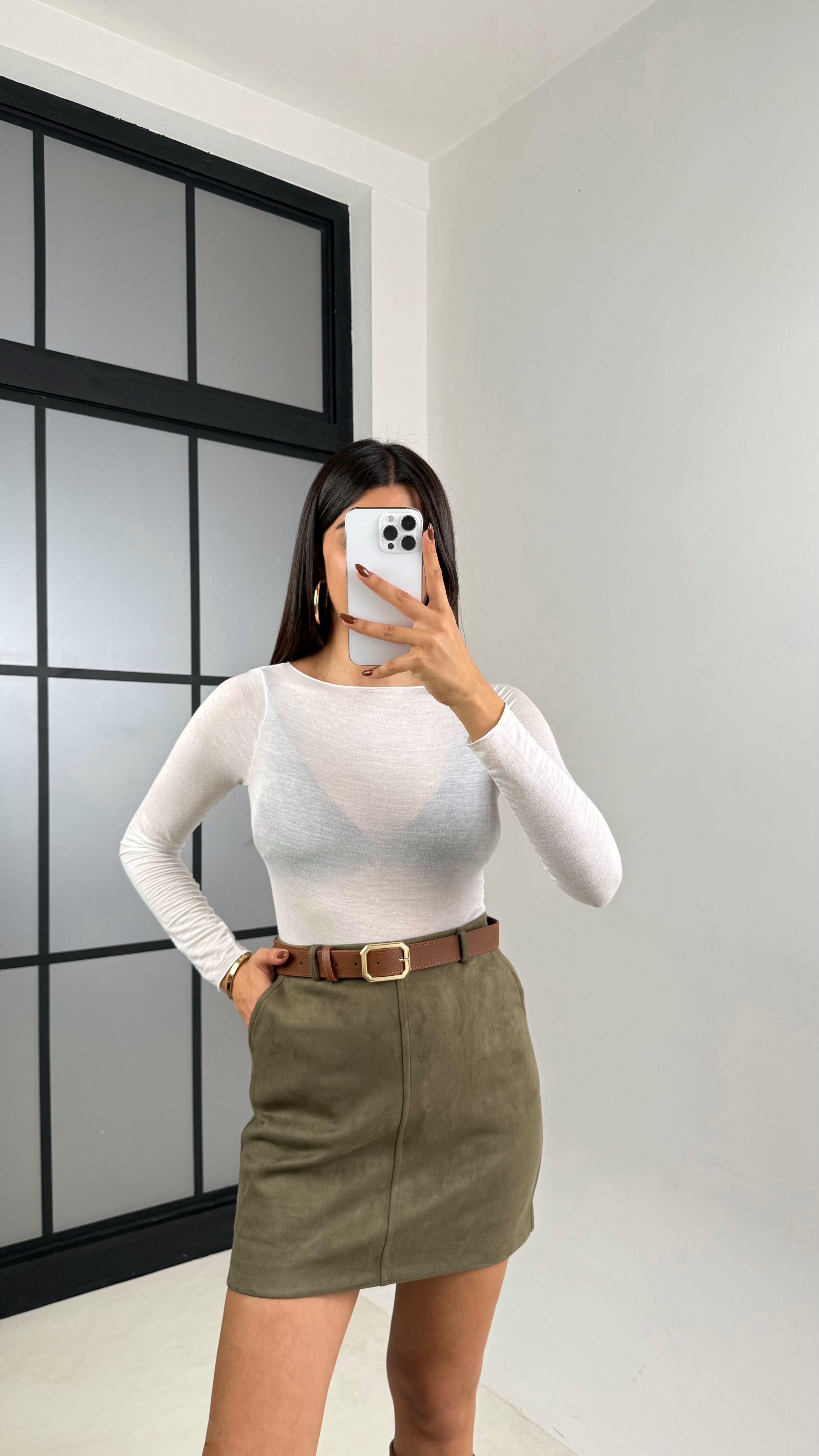 Haki Kemerli Süet Şort Etek GAUS-00169GAUSETEKGAUS-00169