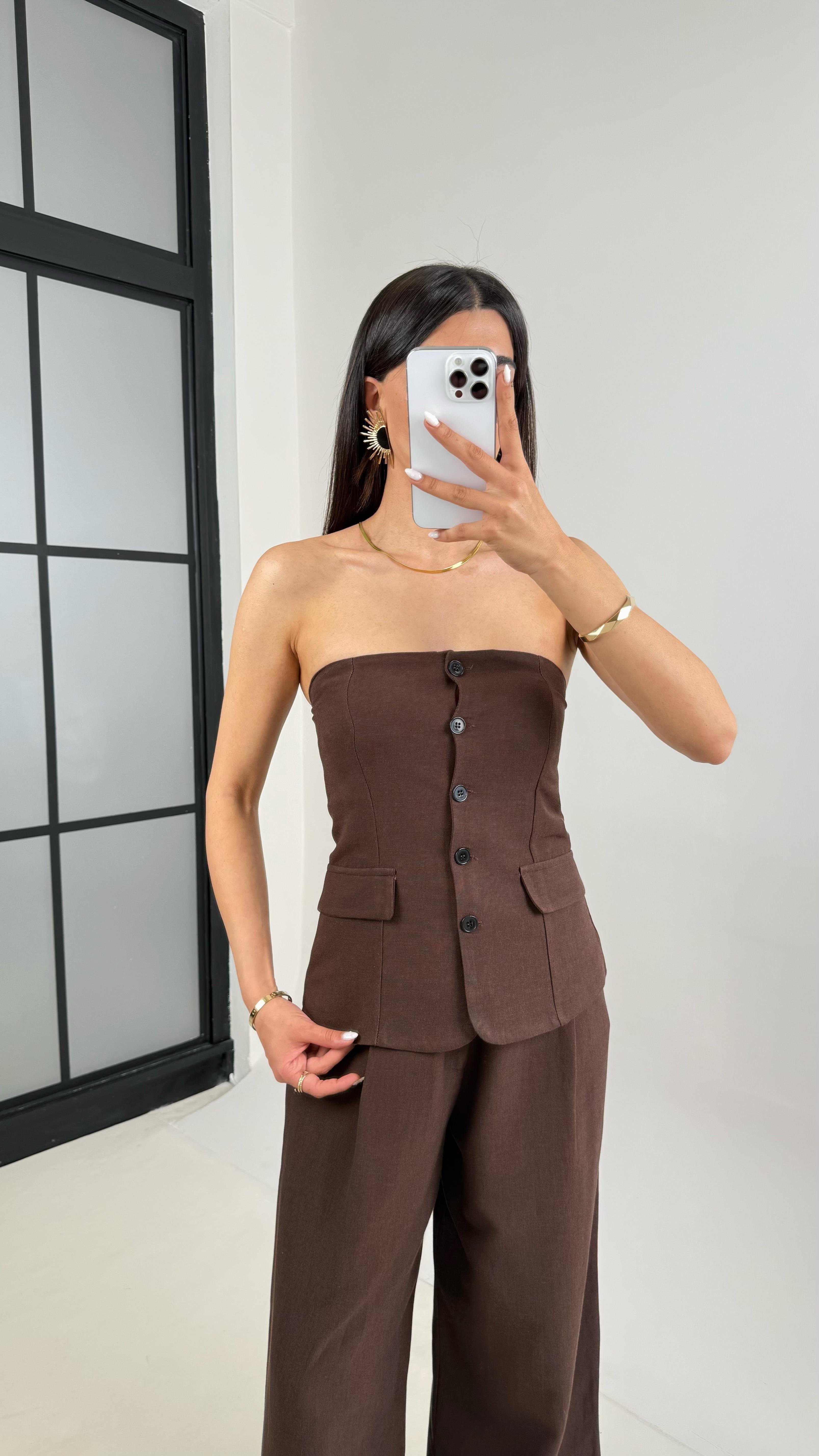 Acı Kahve Straplez Düğmeli Üst Cepli Pantolon İkili Keten Tasarım Takım Gaus00440GausTAKIMGU1002021