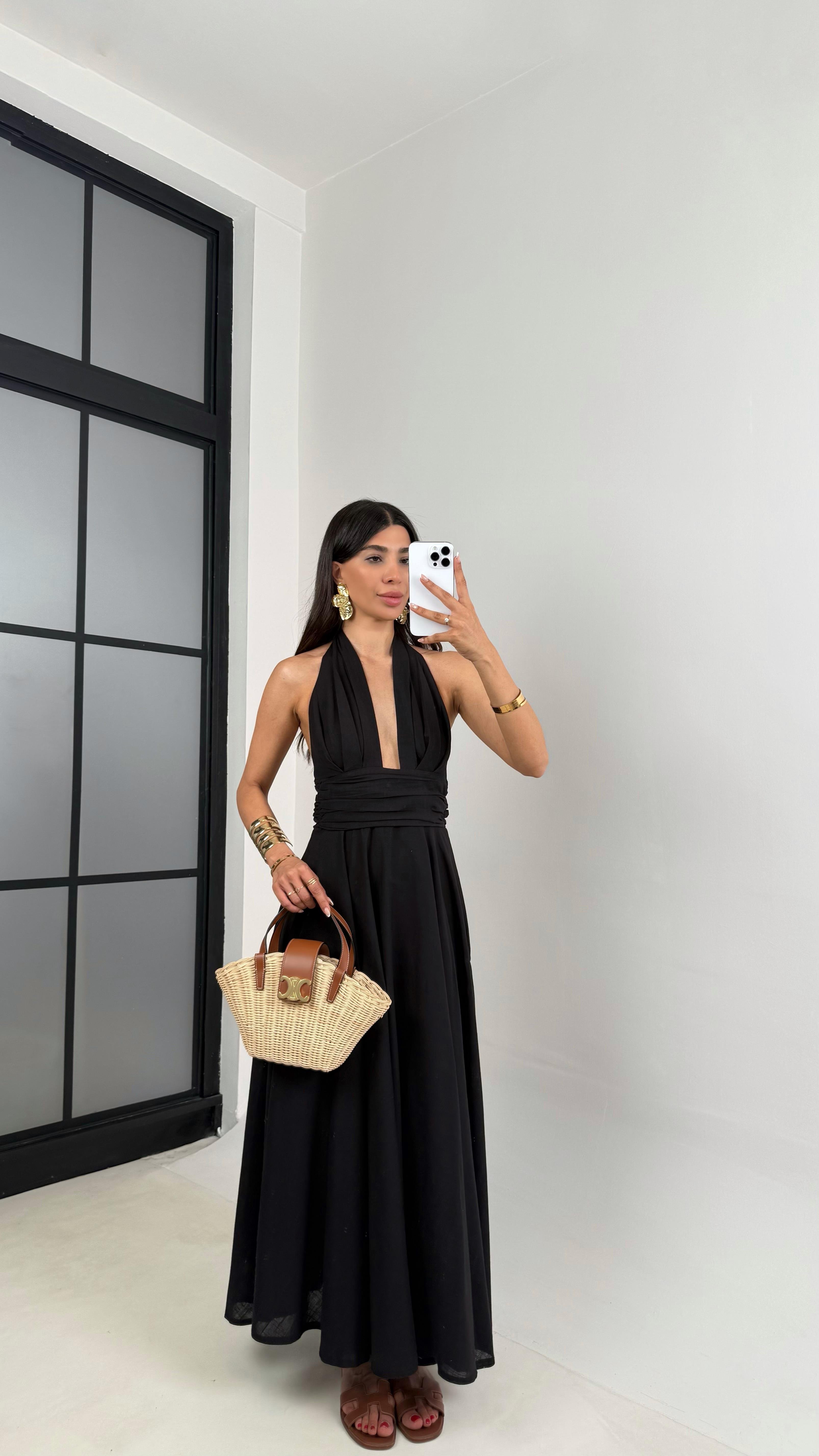 Siyah Boyundan Bağlamalı Astarlı Keten Elbise Gaus00627GausELBİSEGU1002466