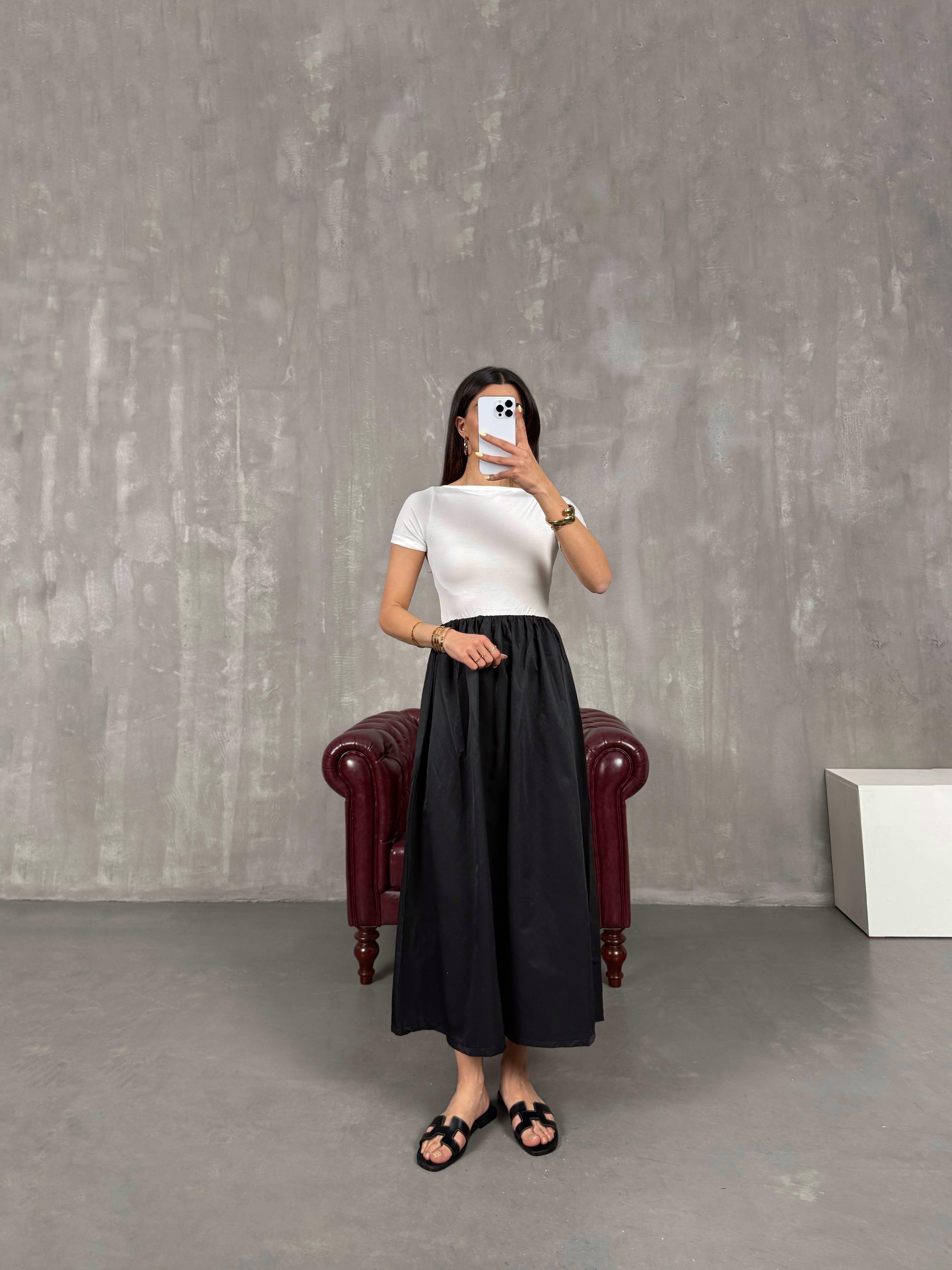 Siyah Kısa Kollu Renk Bloklu Elbise Gaus00124GausELBİSEGU1001281