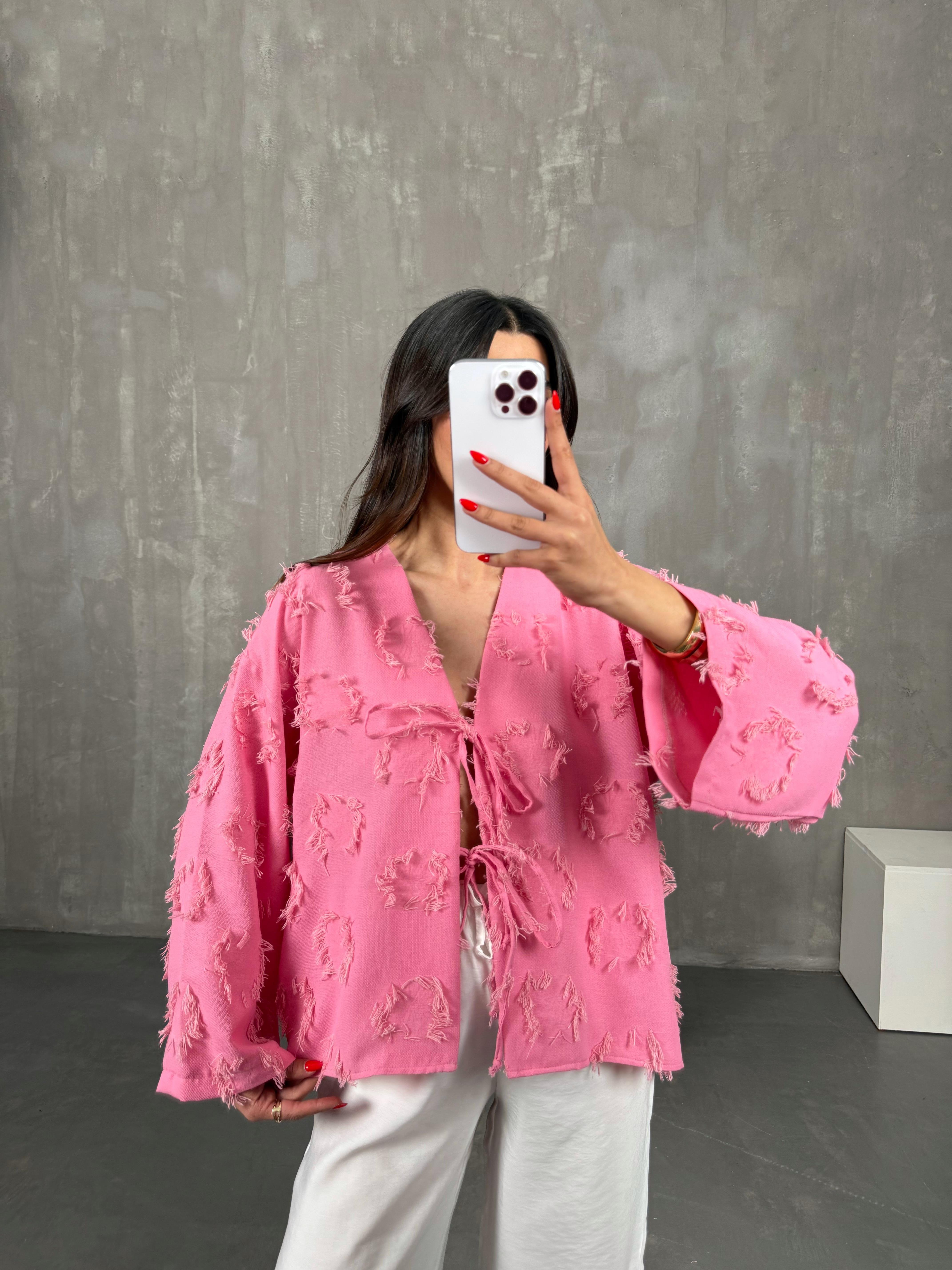 Zenit Pembe Püskül Detaylı Bağlamalı Keten GömlekGausGÖMLEKGU1001475