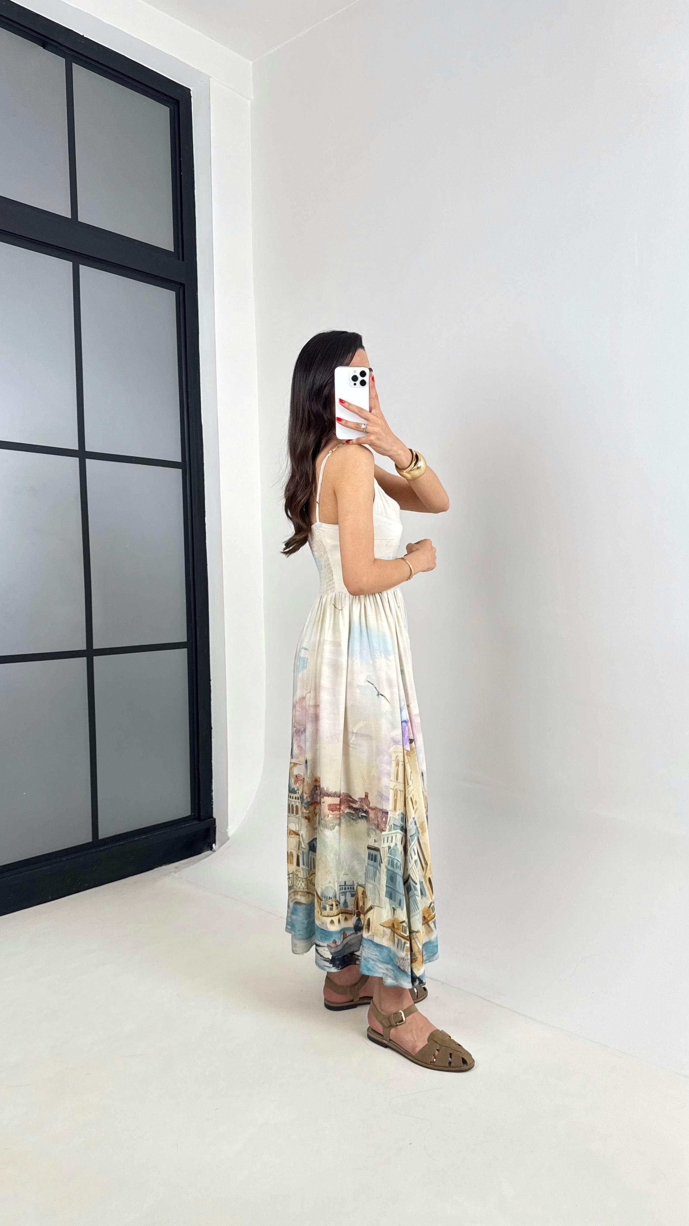 Taş Ayarlanabilir Askılı Desenli İthal Kumaş Tasarım Elbise Gaus00457GausELBİSEGU1002066