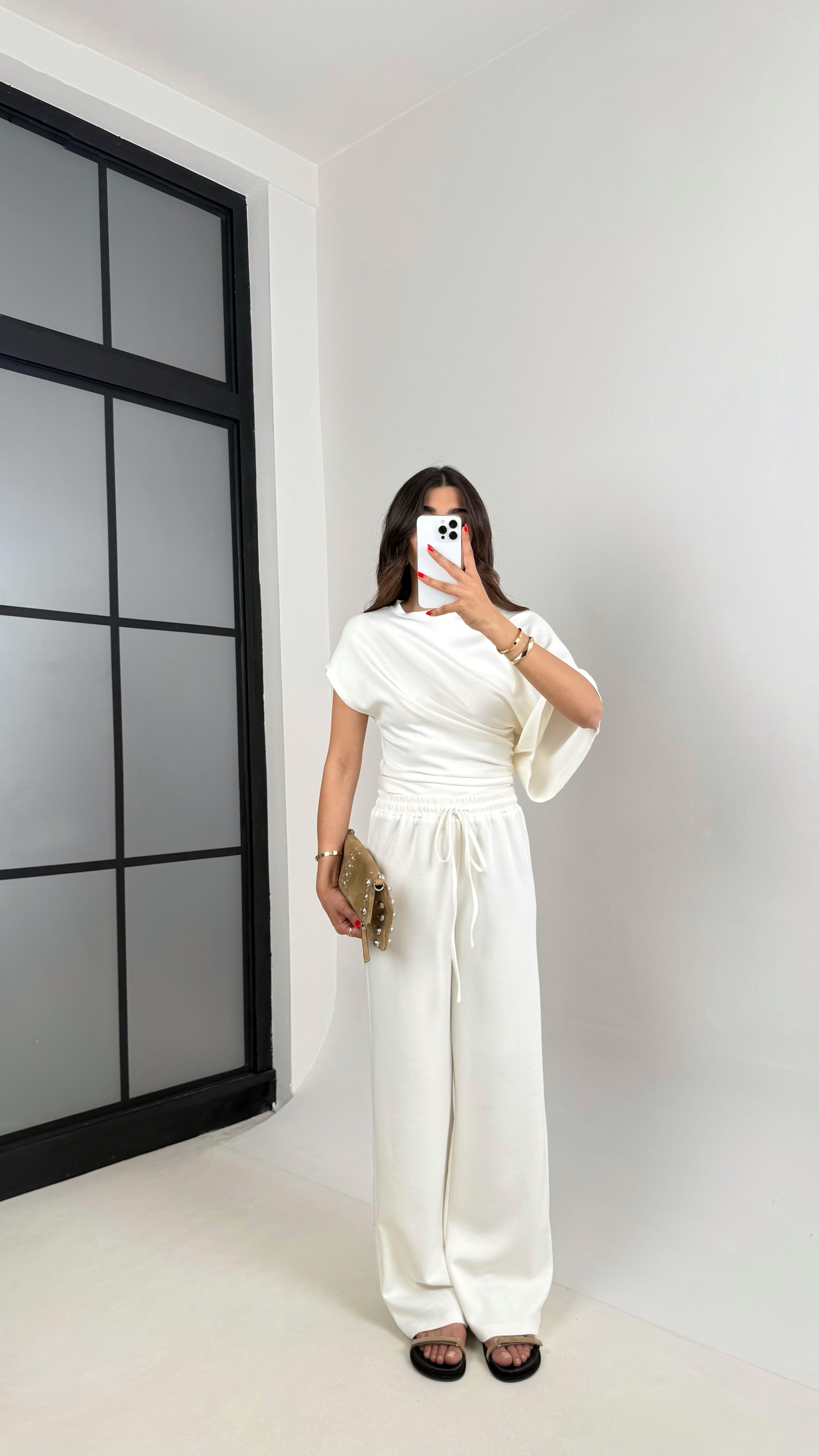 Beyaz Yarasa Kol Bluz Beli Lastikli Pantolon Tasarım Modal Kumaş Takım Gaus00490GausTAKIMGU1002148