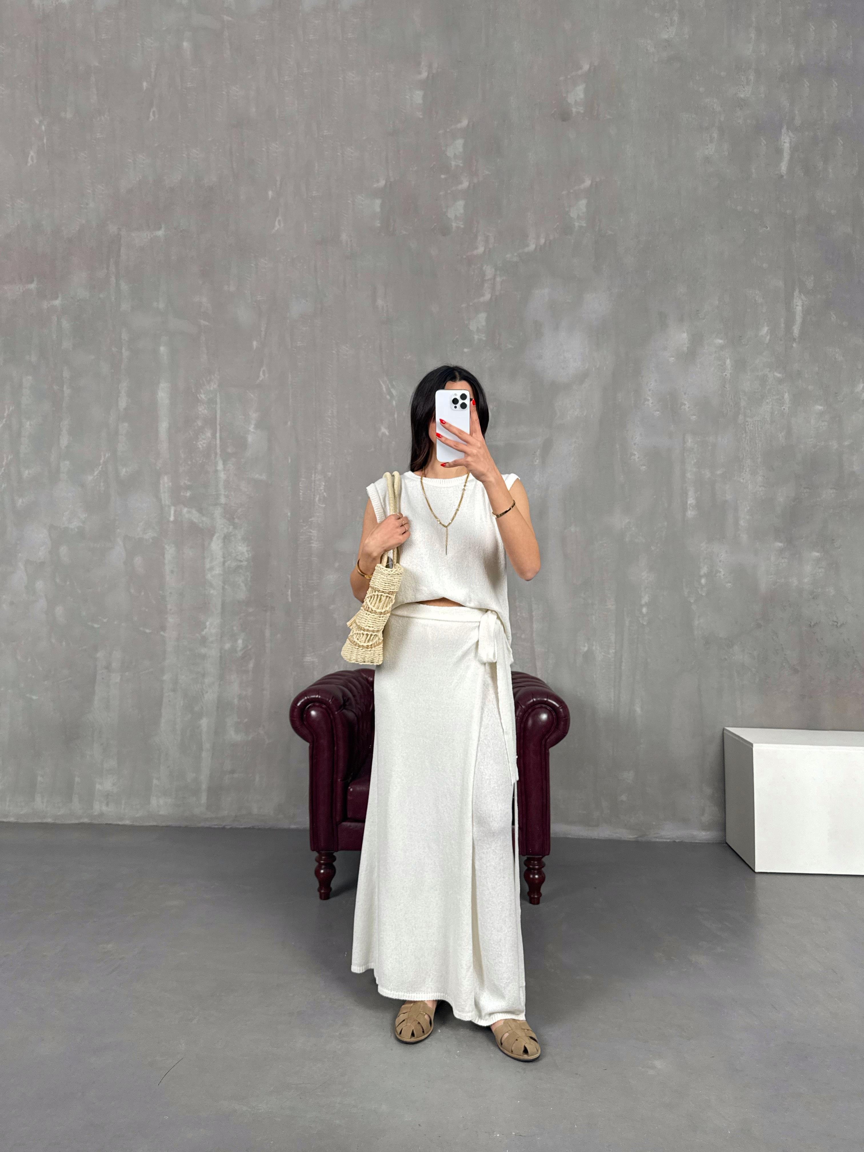 Krem Etekli Pantolon Sıfır Kol Triko Takım Gaus00174GausTAKIMGU1001402