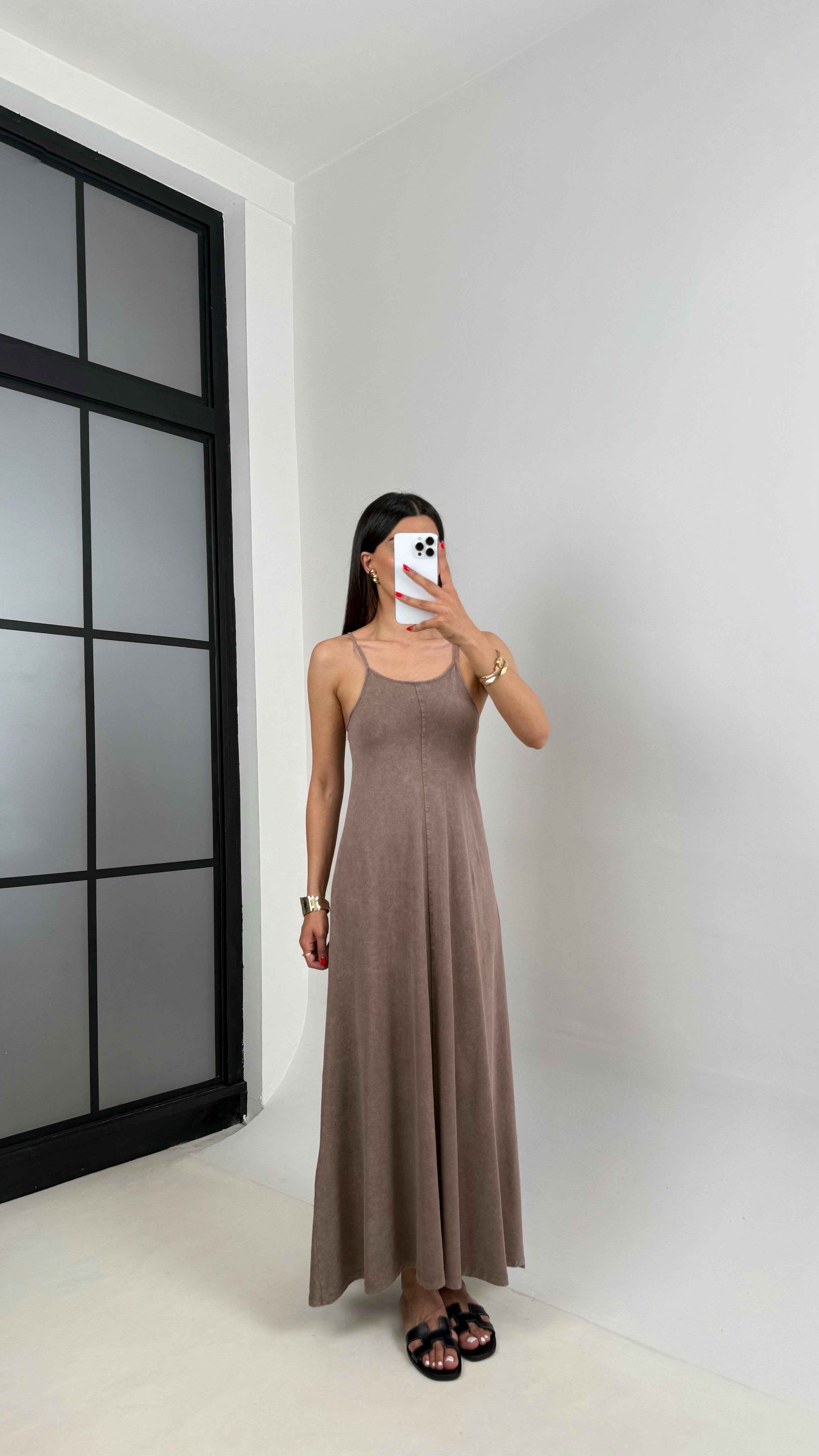 Kahve Yıkamalı Basic Ayarlanabilir Askılı Modal Kumaş Elbise Gaus00472GausELBİSEGU1002104