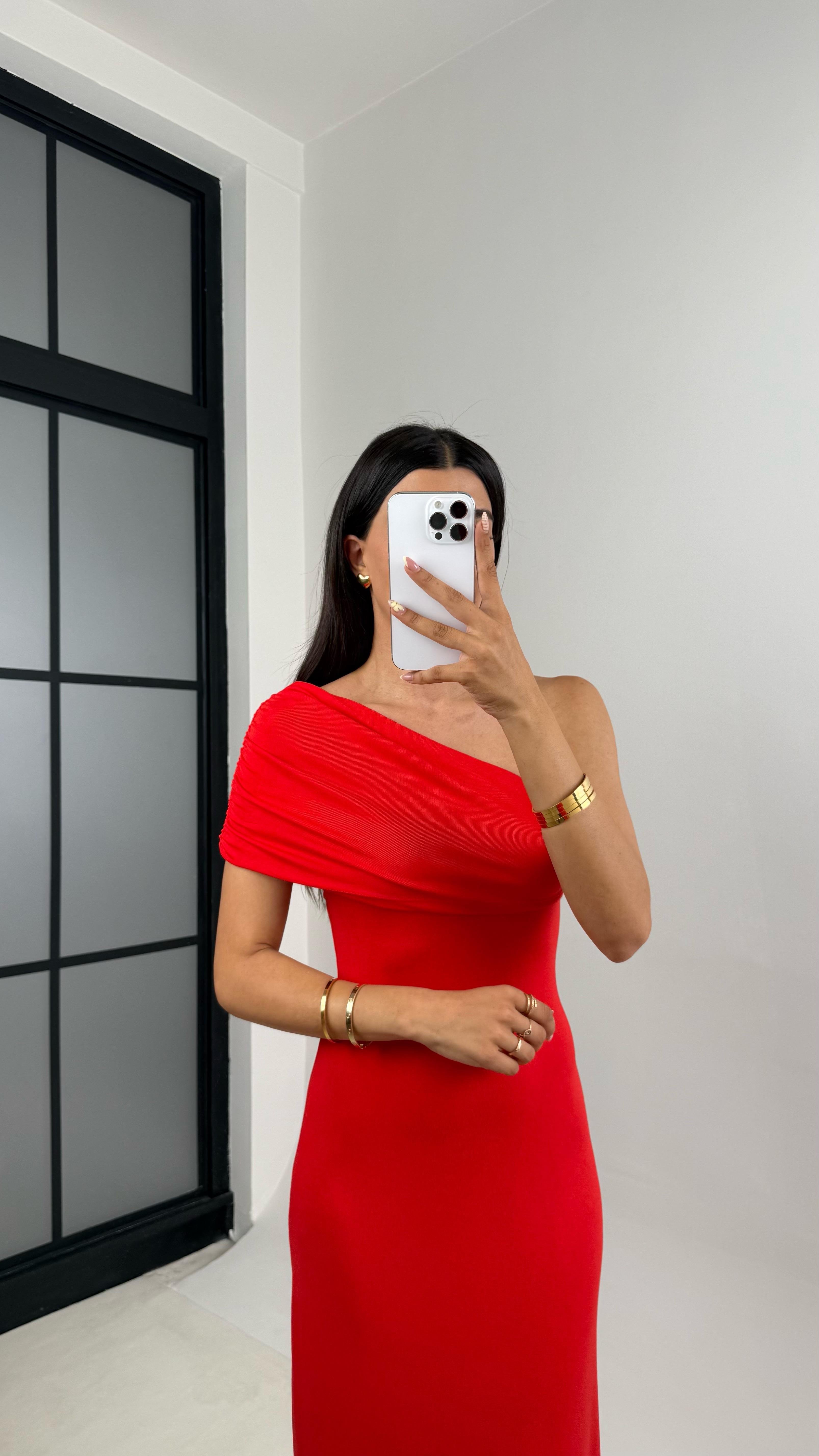 Kırmızı Tek Omuz Maxi Boy Elbise Gaus00685GausELBİSEGU1002580