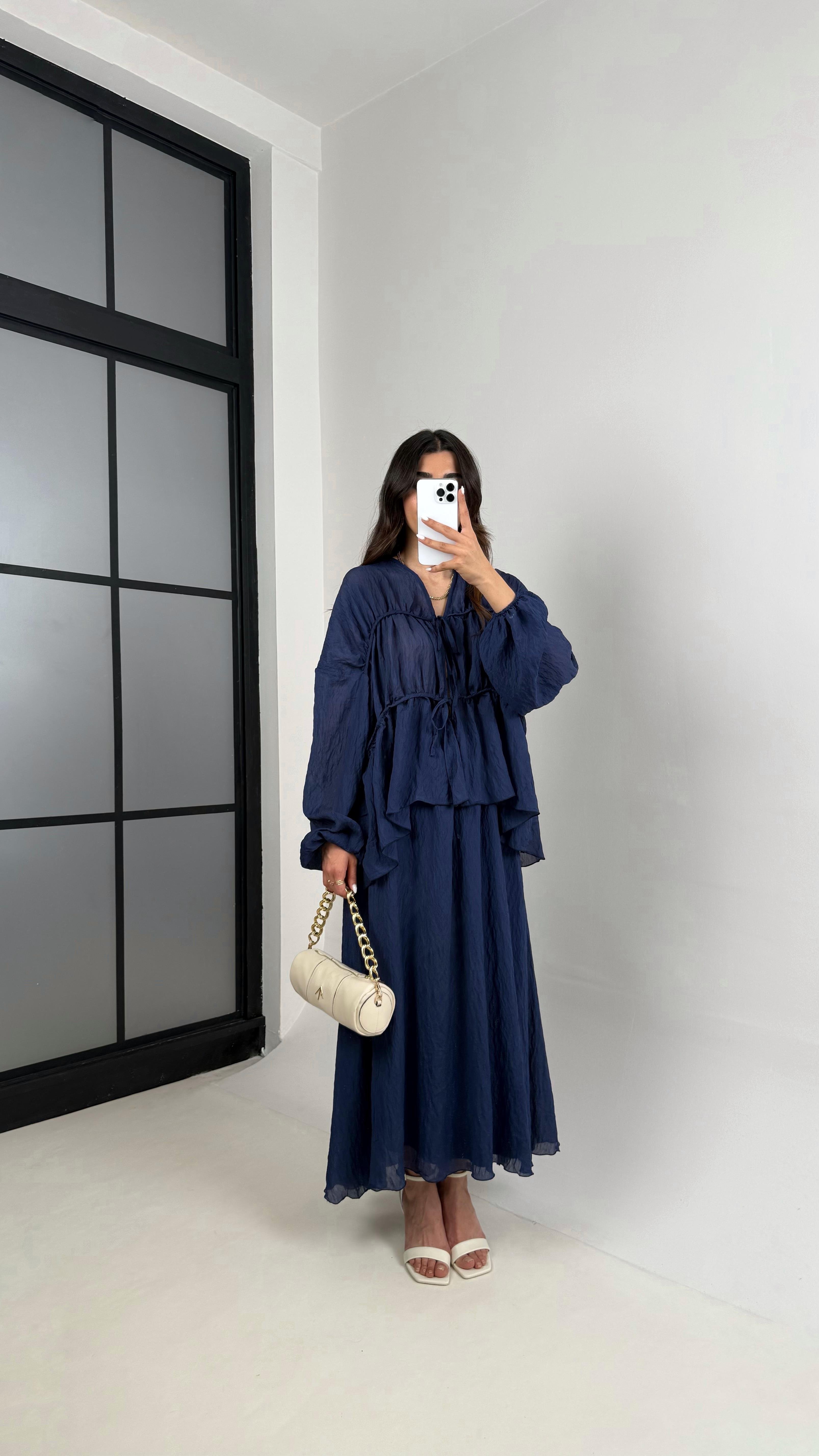 Lacivert Gipeli Önden Bağlamalı Üst Astarlı Etek İkili Kırışık Kumaş Takım Gaus00426GausTAKIMGU1001996