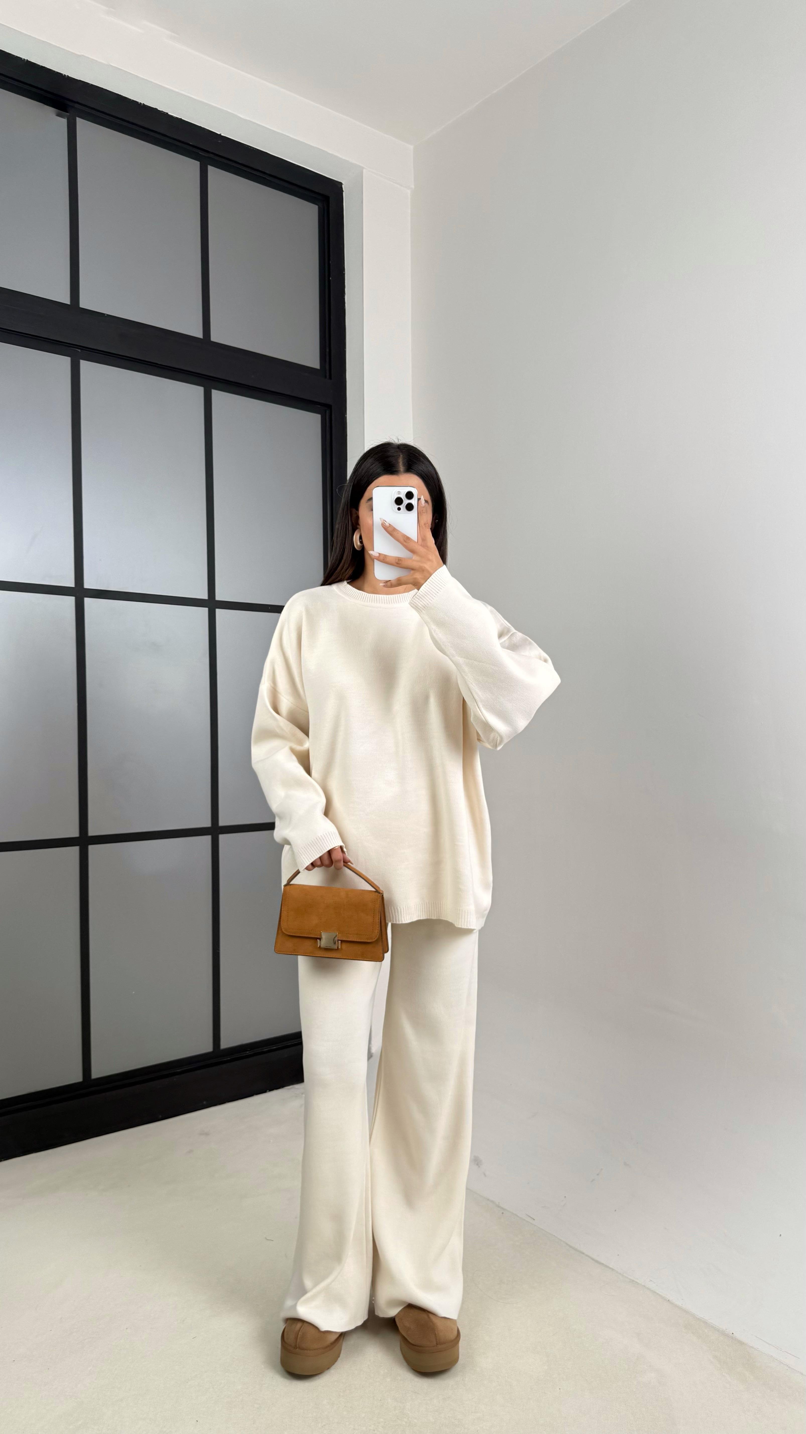 Ekru Uzun Kol Kazak Beli Lastikli Pantalon İkili Triko Takım GAUS-00103GAUSTAKIMGAUS-00103