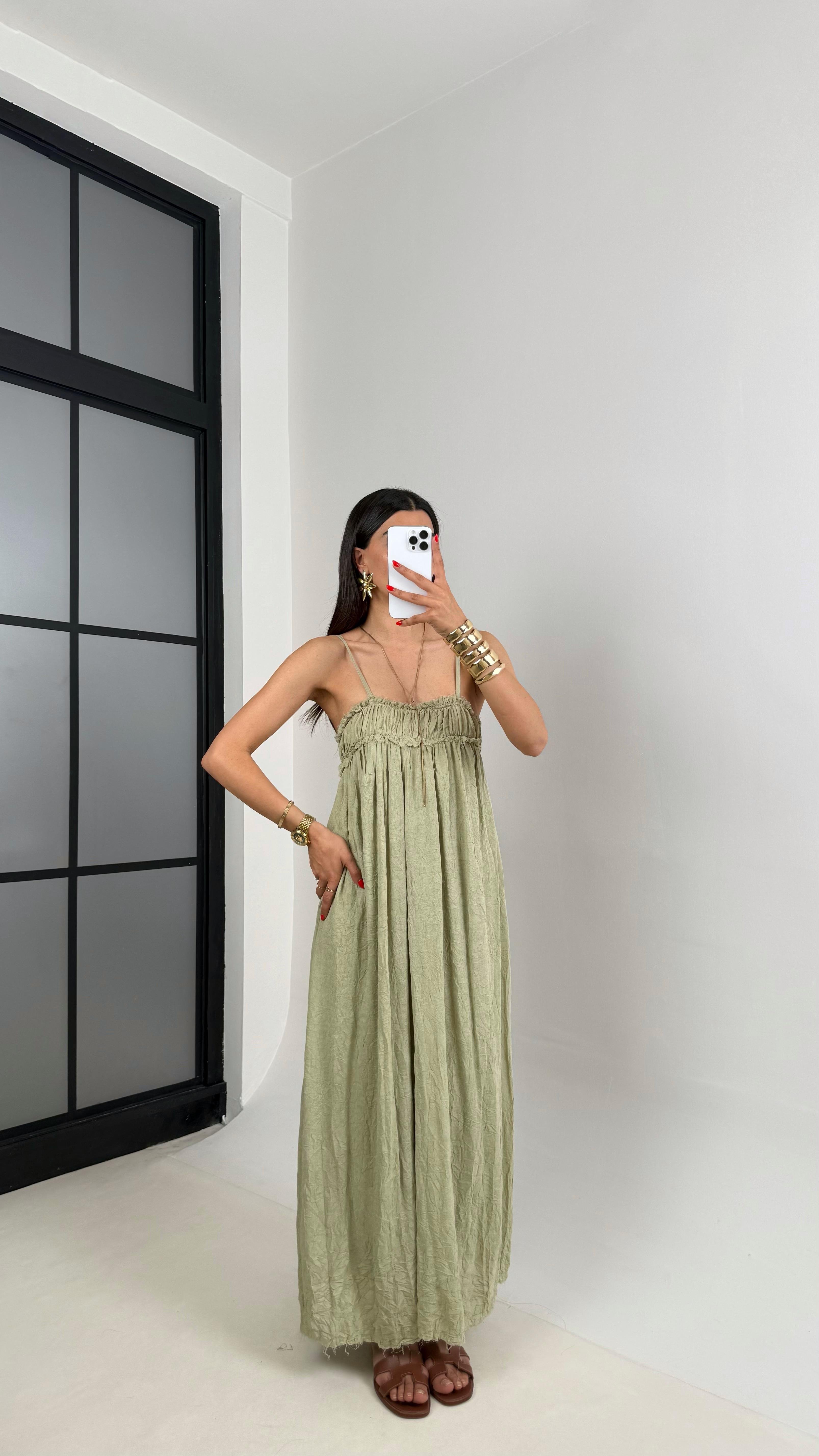 Yeşil Ayarlanabilir Askılı Astarlı Gipeli Tasarım Keten Takım Gaus00484GausELBİSEGU1002134