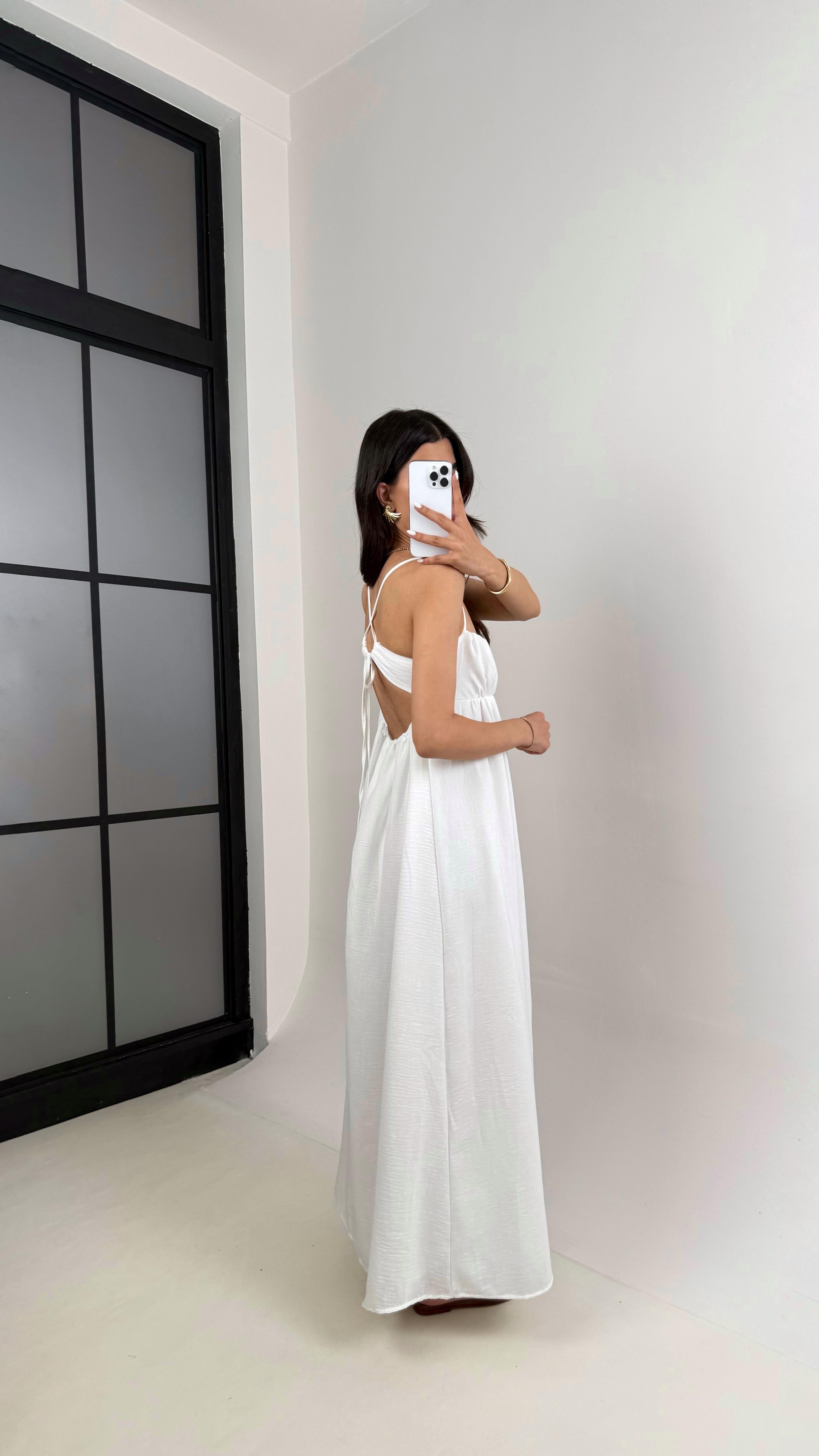 Beyaz Boyundan Bağlamalı Astarlı Keten Elbise Gaus00427GausELBİSEGU1001997