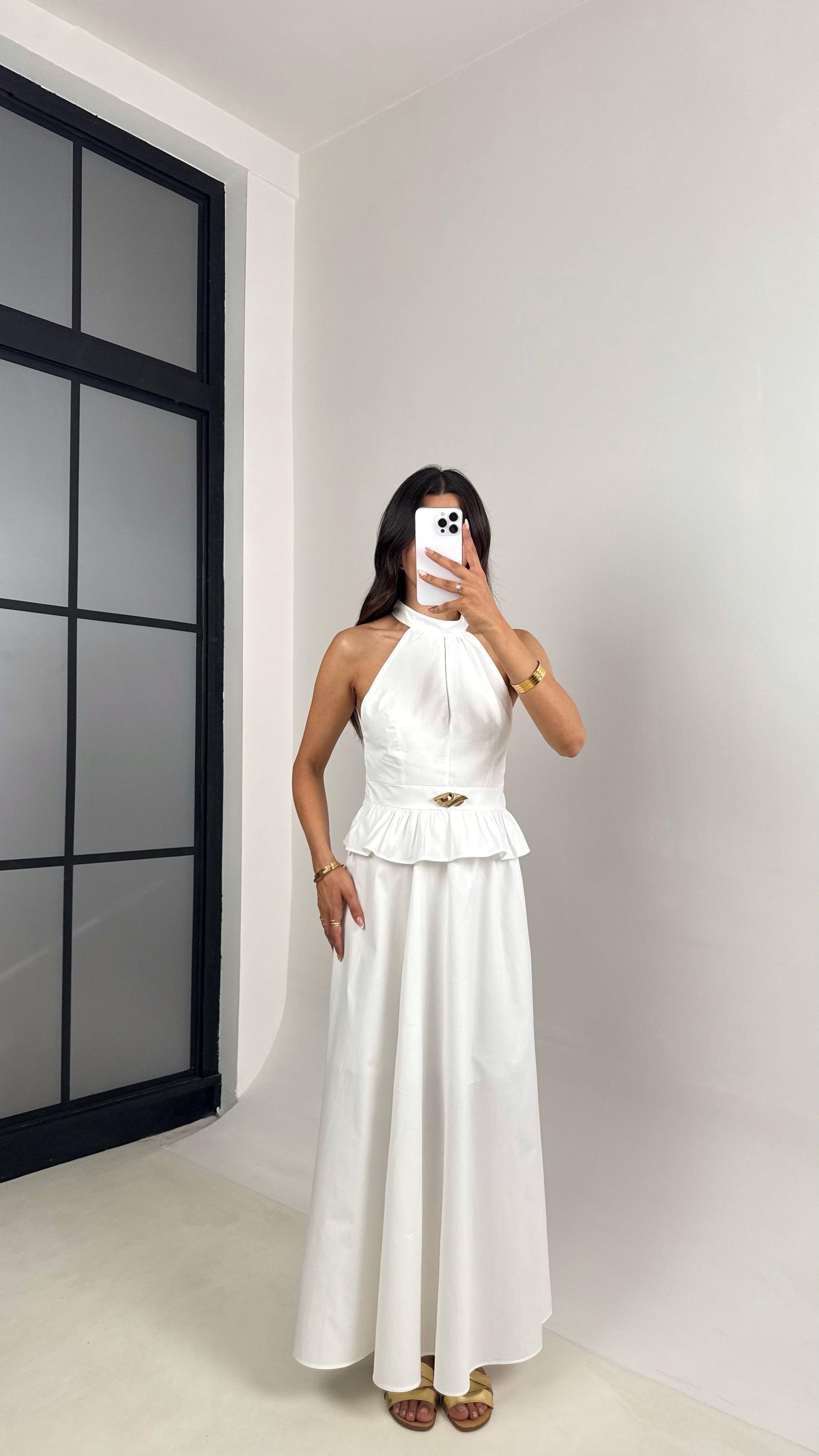 Beyaz Gold Toka Detaylı Bluz Beli Lastikli Etek İkili Takım Gaus00678GausTAKIMGU1002562