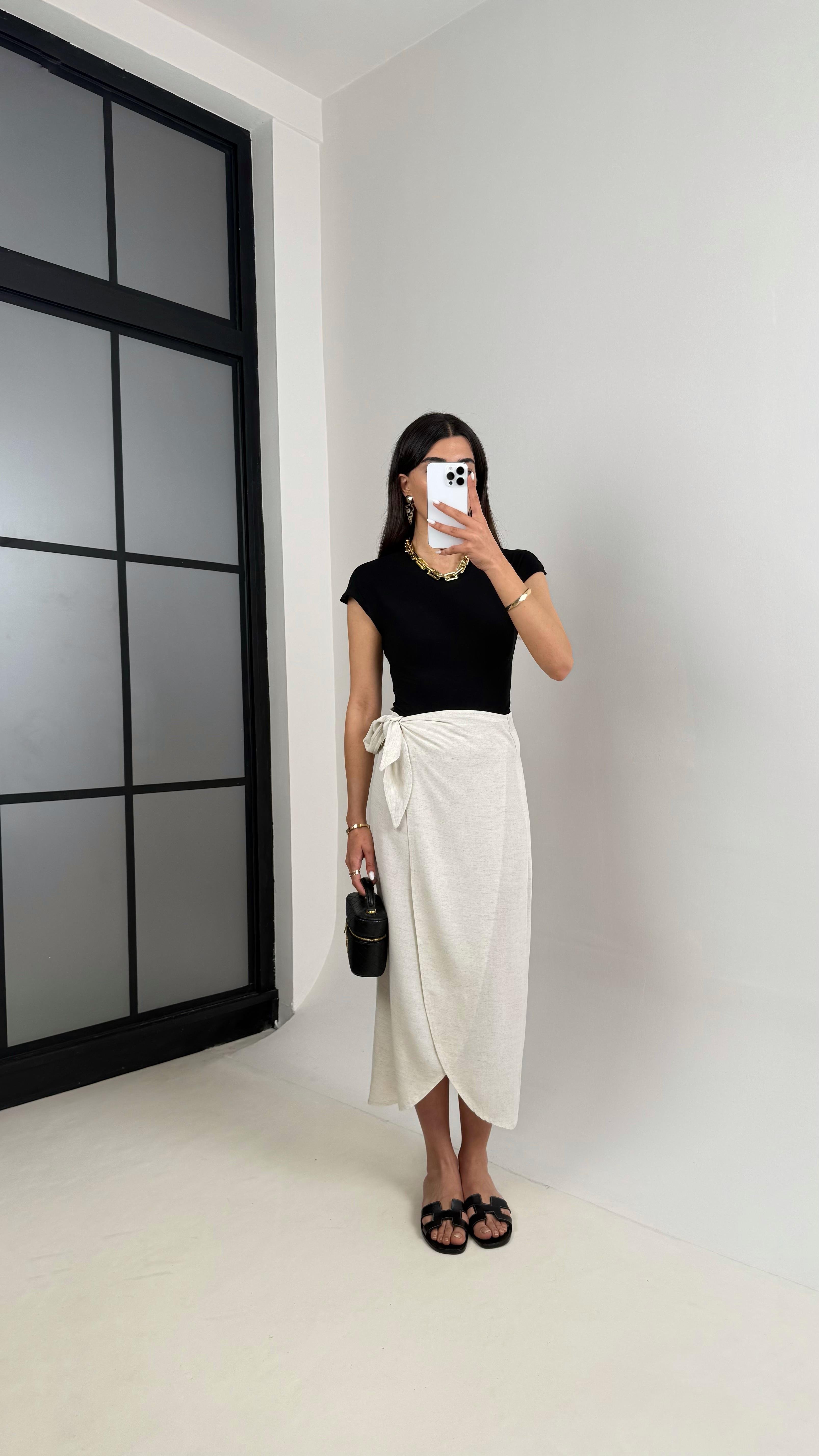 Taş Önden Bağlamalı Yırtmaçlı Keten Etek Gaus00432GausSkirtGU1002002