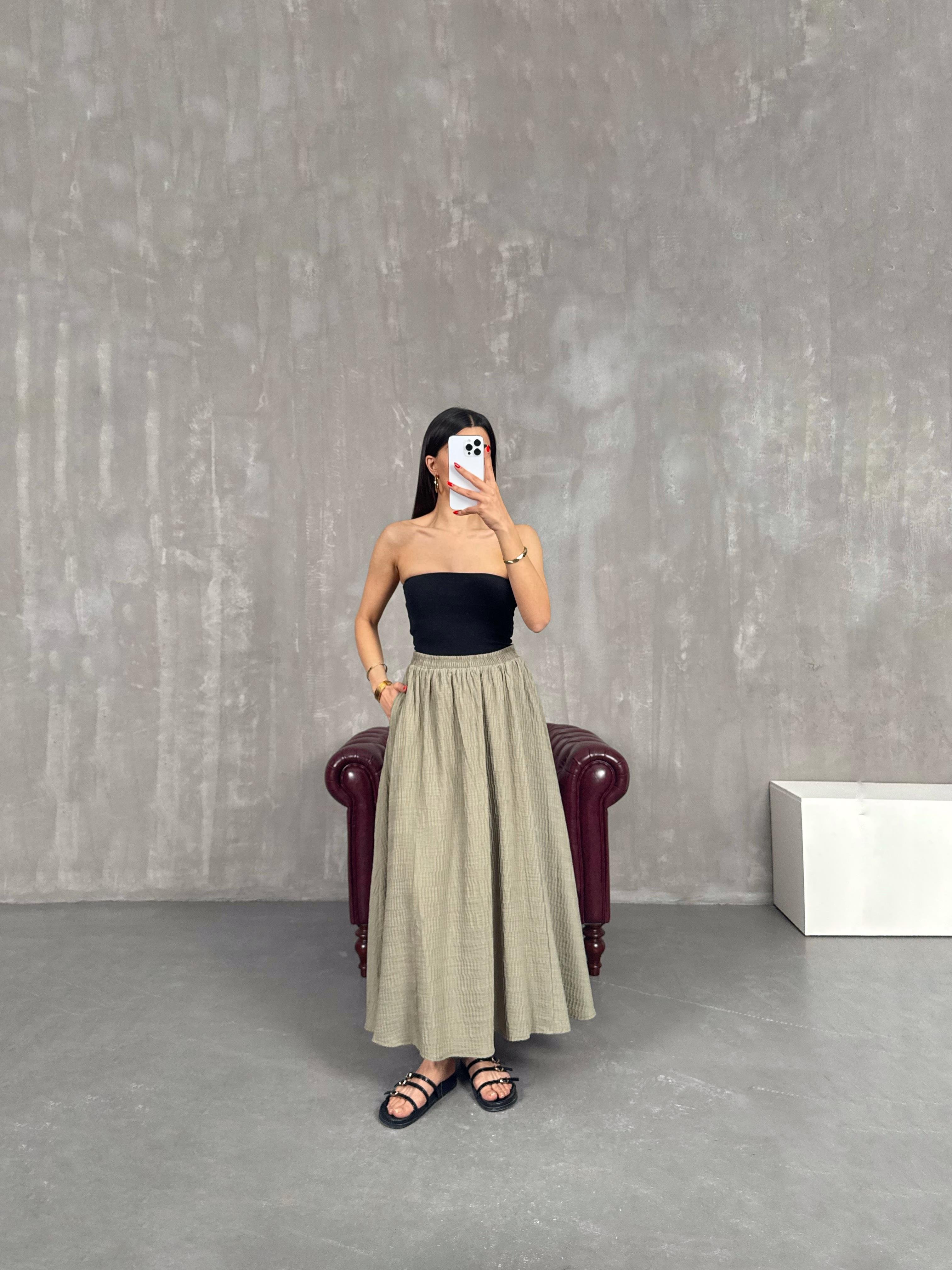 Haki Beli Lastikli Astarlı Büzgü Detaylı Etek Gaus00196GausETEKGU1001459